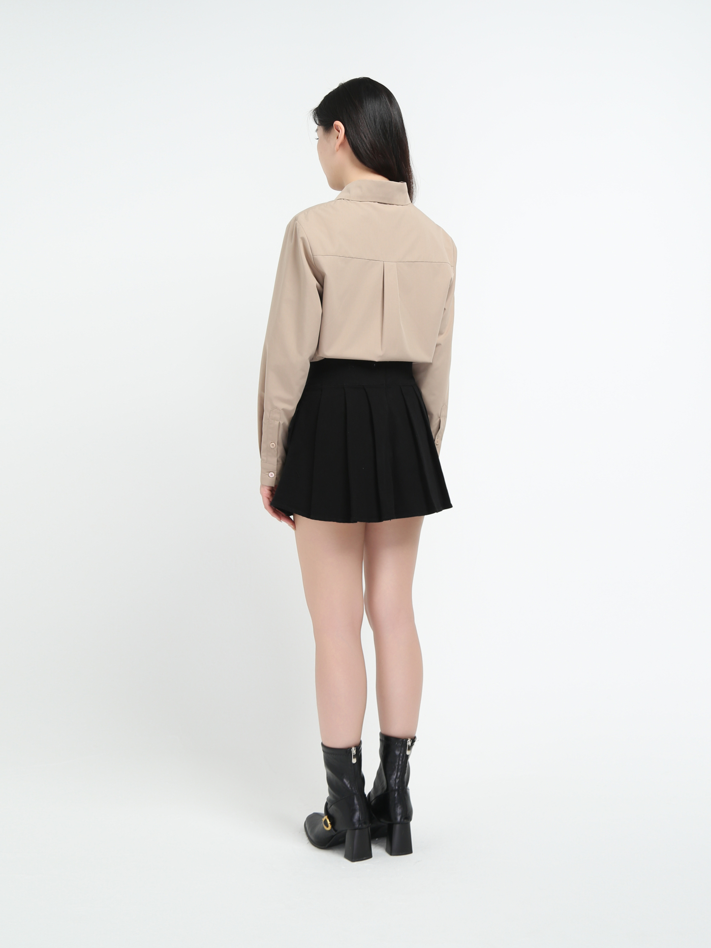 Denim Back Zip Pleated Skirt Pant With Decorative Belt 45070