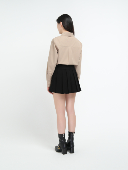 Denim Back Zip Pleated Skirt Pant With Decorative Belt 45070