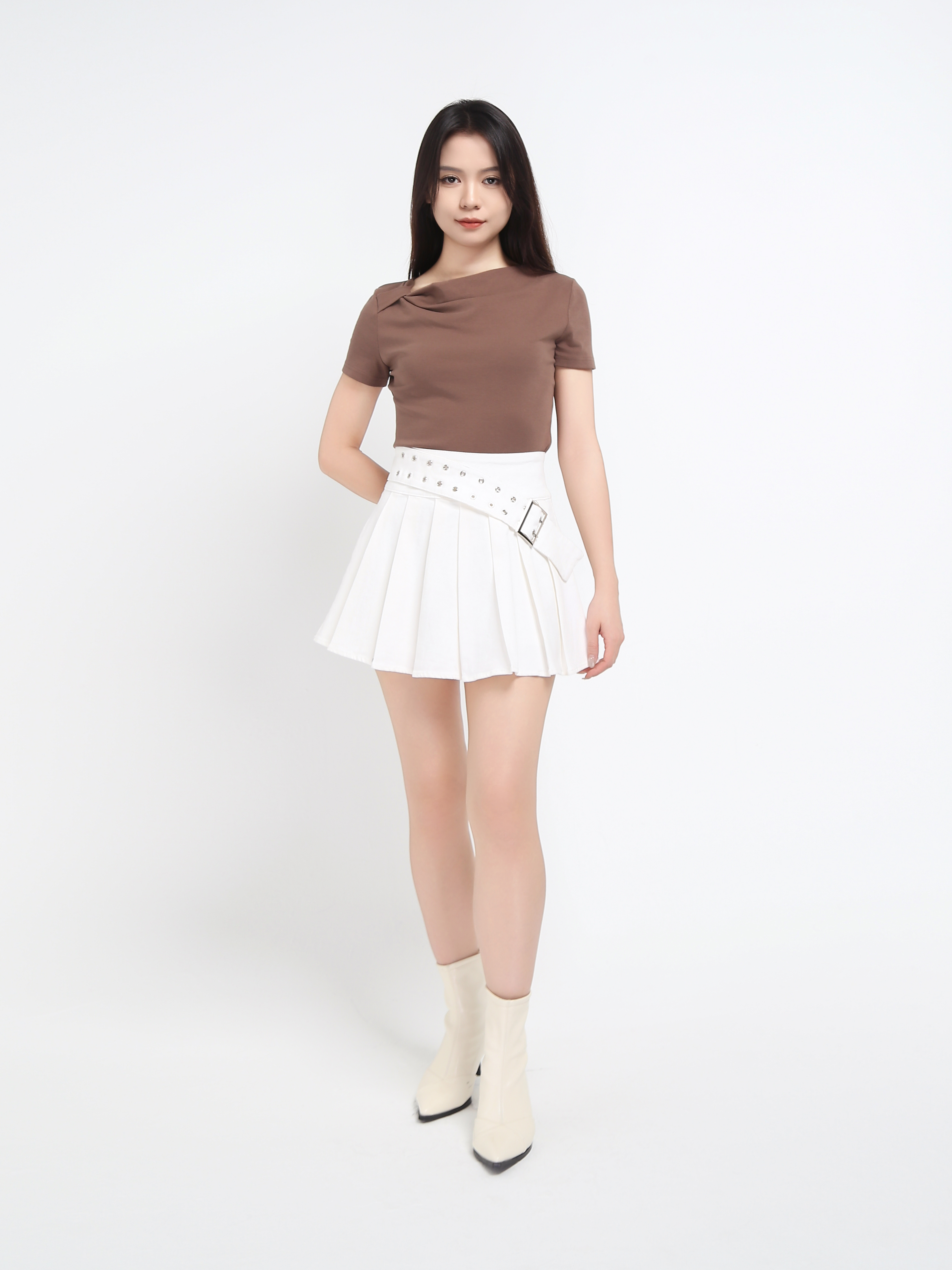 Denim Back Zip Pleated Skirt Pant With Decorative Belt 45070