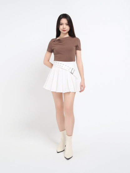 Denim Back Zip Pleated Skirt Pant With Decorative Belt 45070