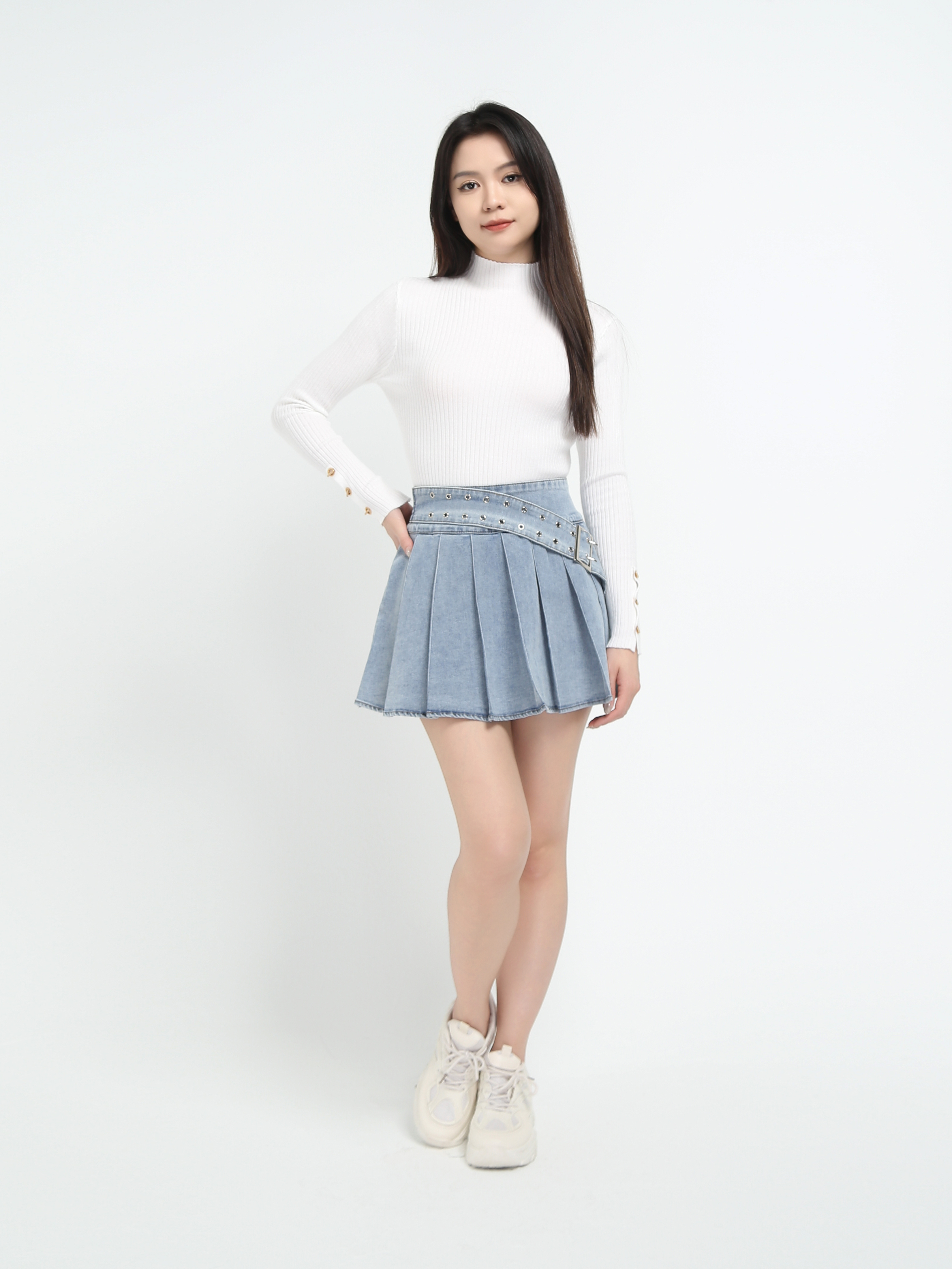 Denim Back Zip Pleated Skirt Pant With Decorative Belt 45070