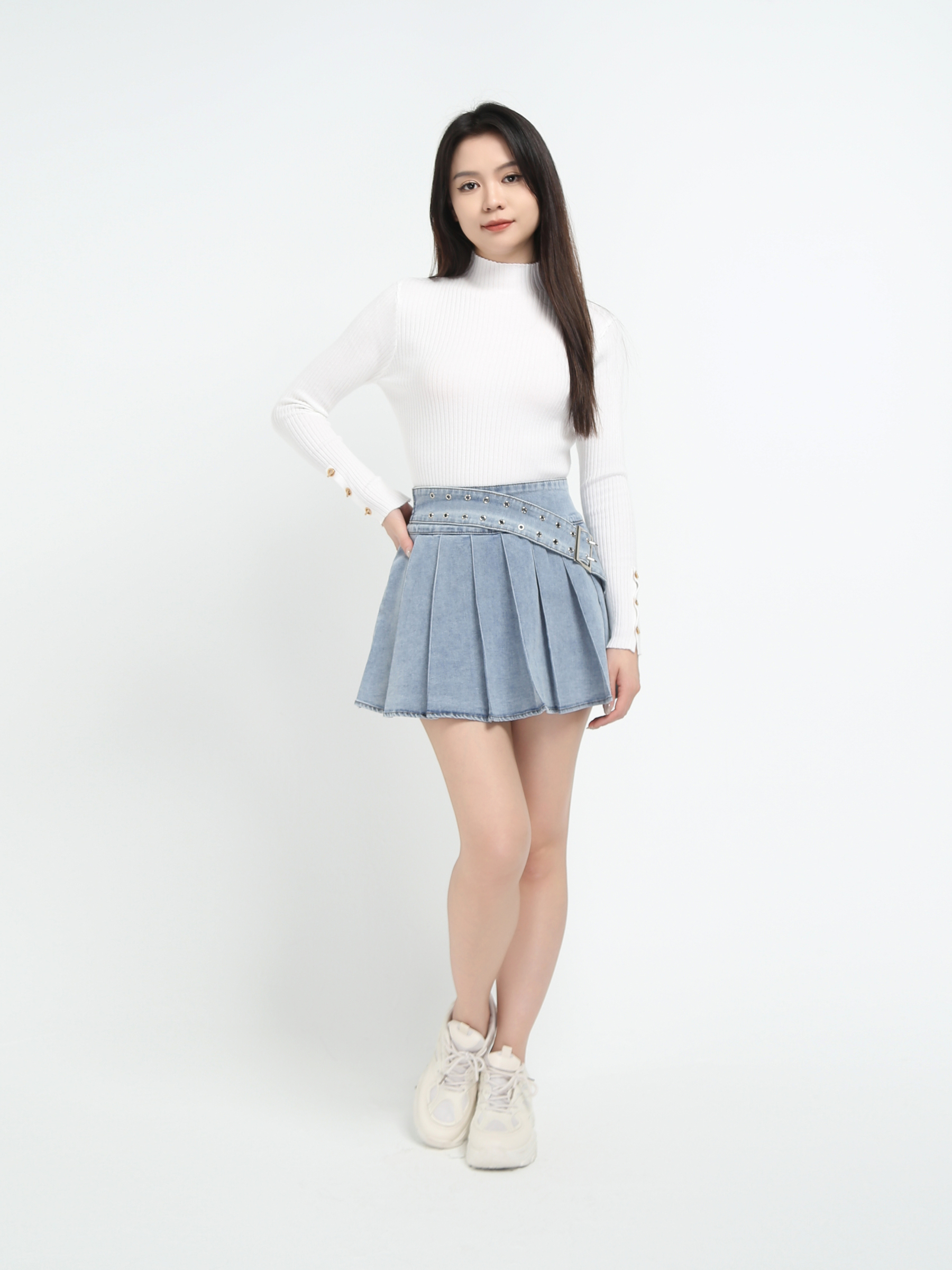 Denim Back Zip Pleated Skirt Pant With Decorative Belt 45070