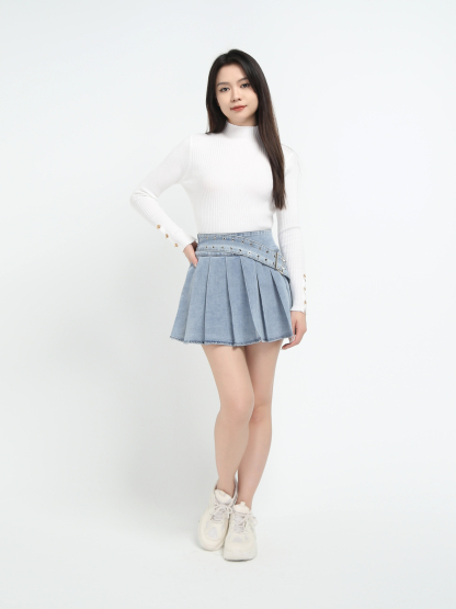Denim Back Zip Pleated Skirt Pant With Decorative Belt 45070