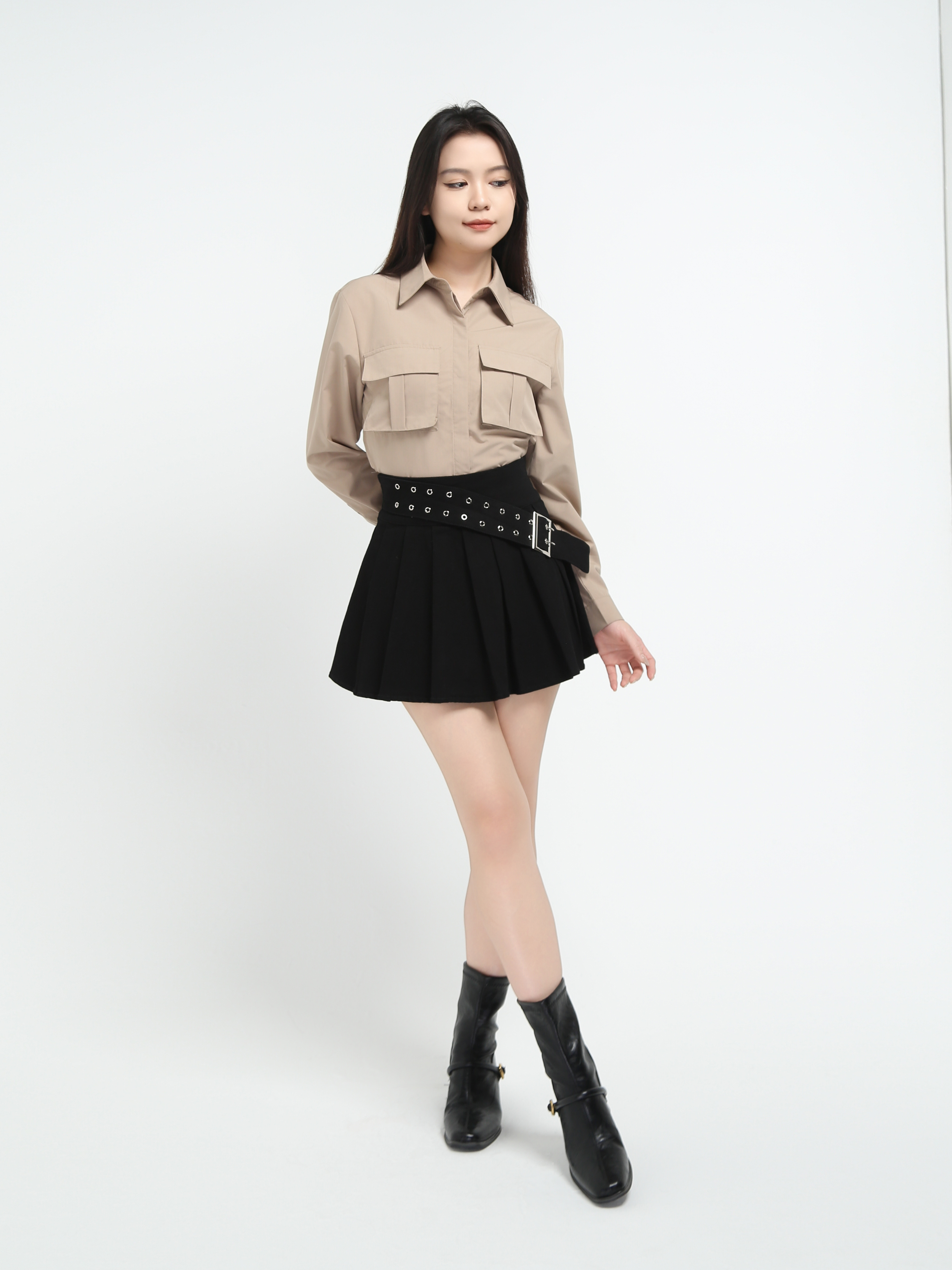 Denim Back Zip Pleated Skirt Pant With Decorative Belt 45070