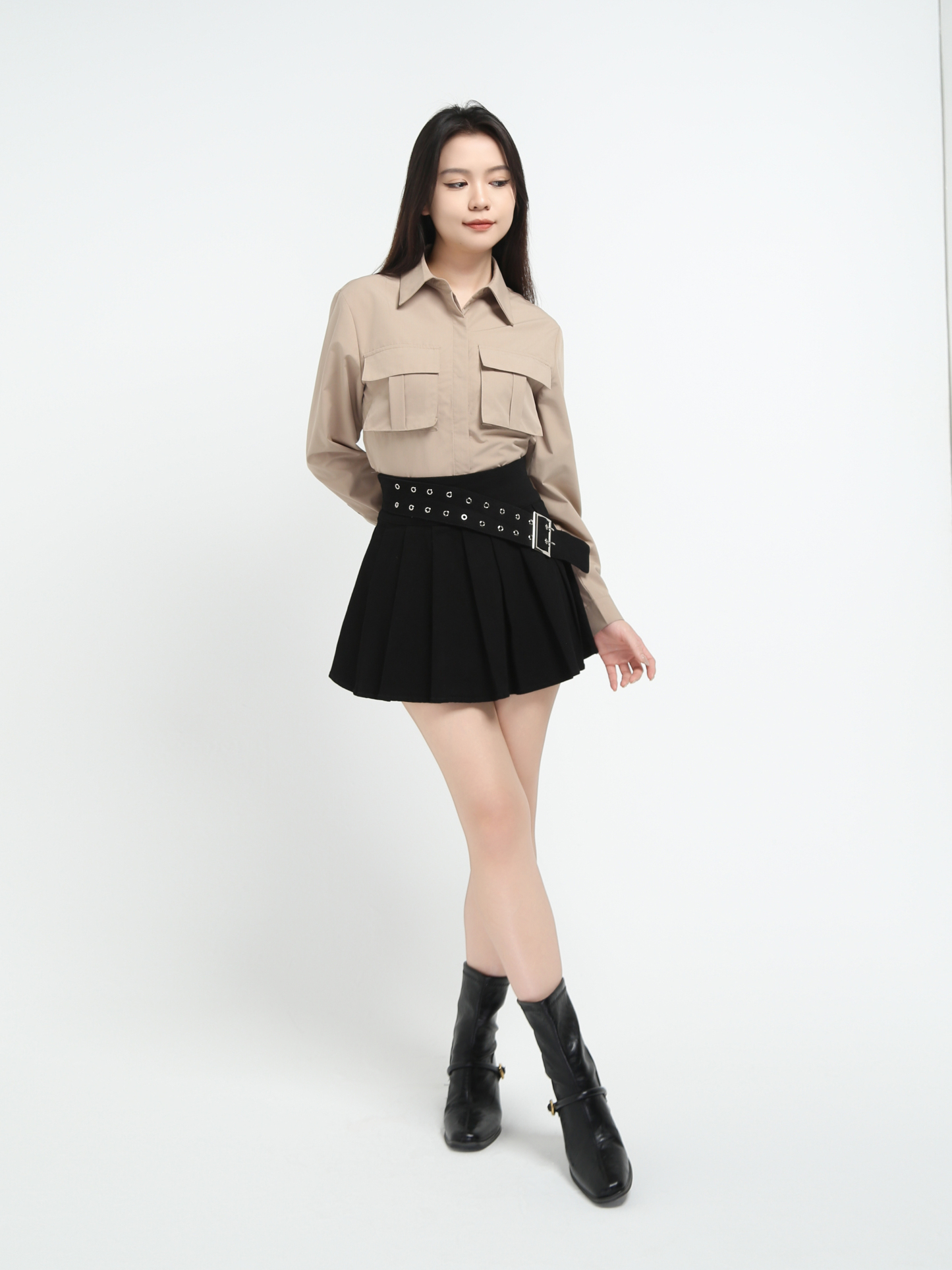 Denim Back Zip Pleated Skirt Pant With Decorative Belt 45070