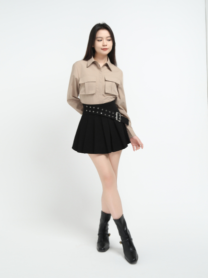 Denim Back Zip Pleated Skirt Pant With Decorative Belt 45070