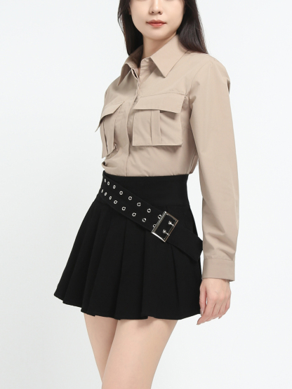 Denim Back Zip Pleated Skirt Pant With Decorative Belt 45070