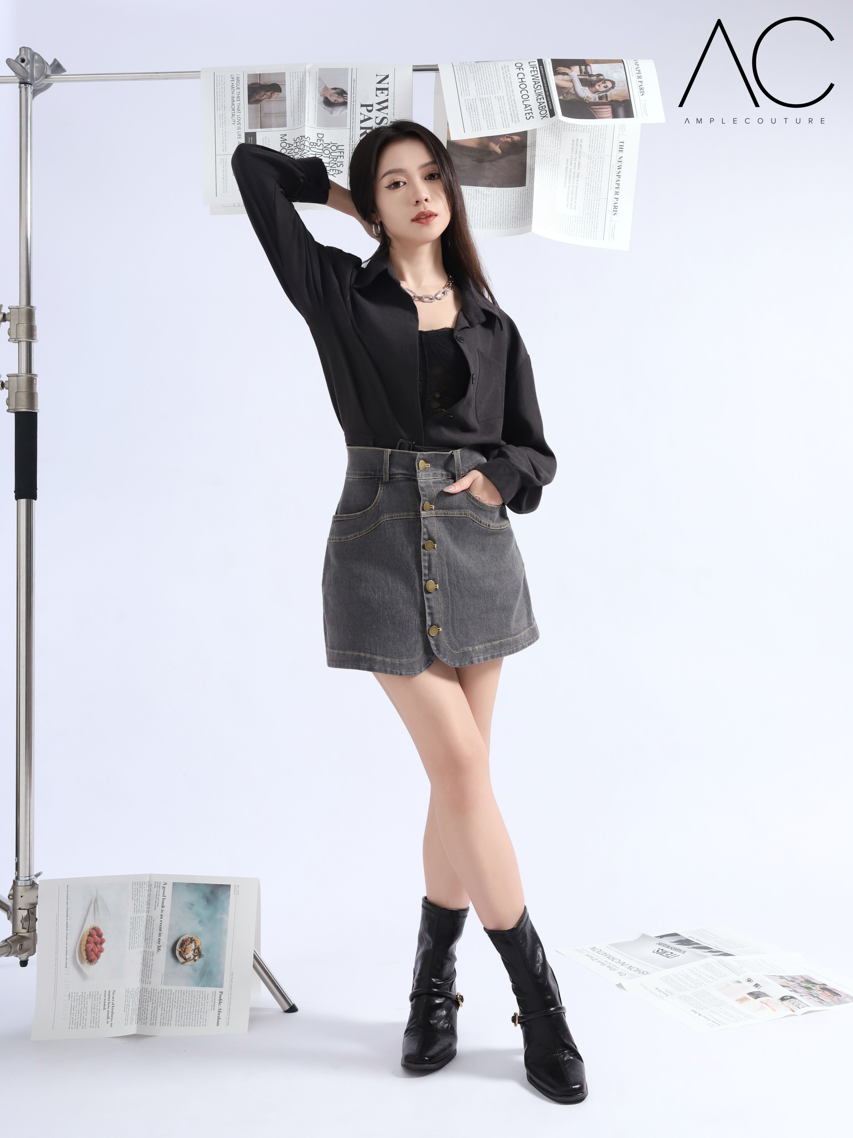 High Waist Denim Front Button Skirt Pants 45023