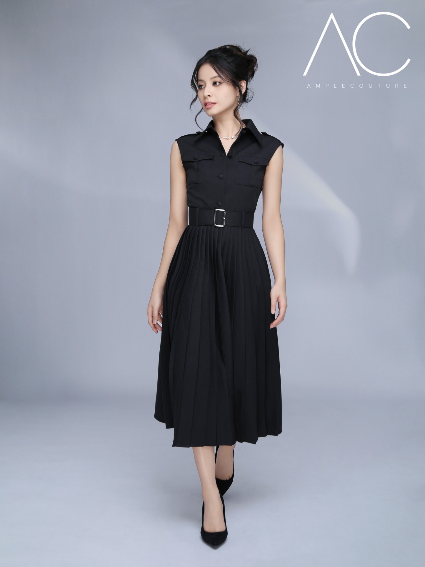 Sleeveless Front Button Pleated Dress With Belt AC826