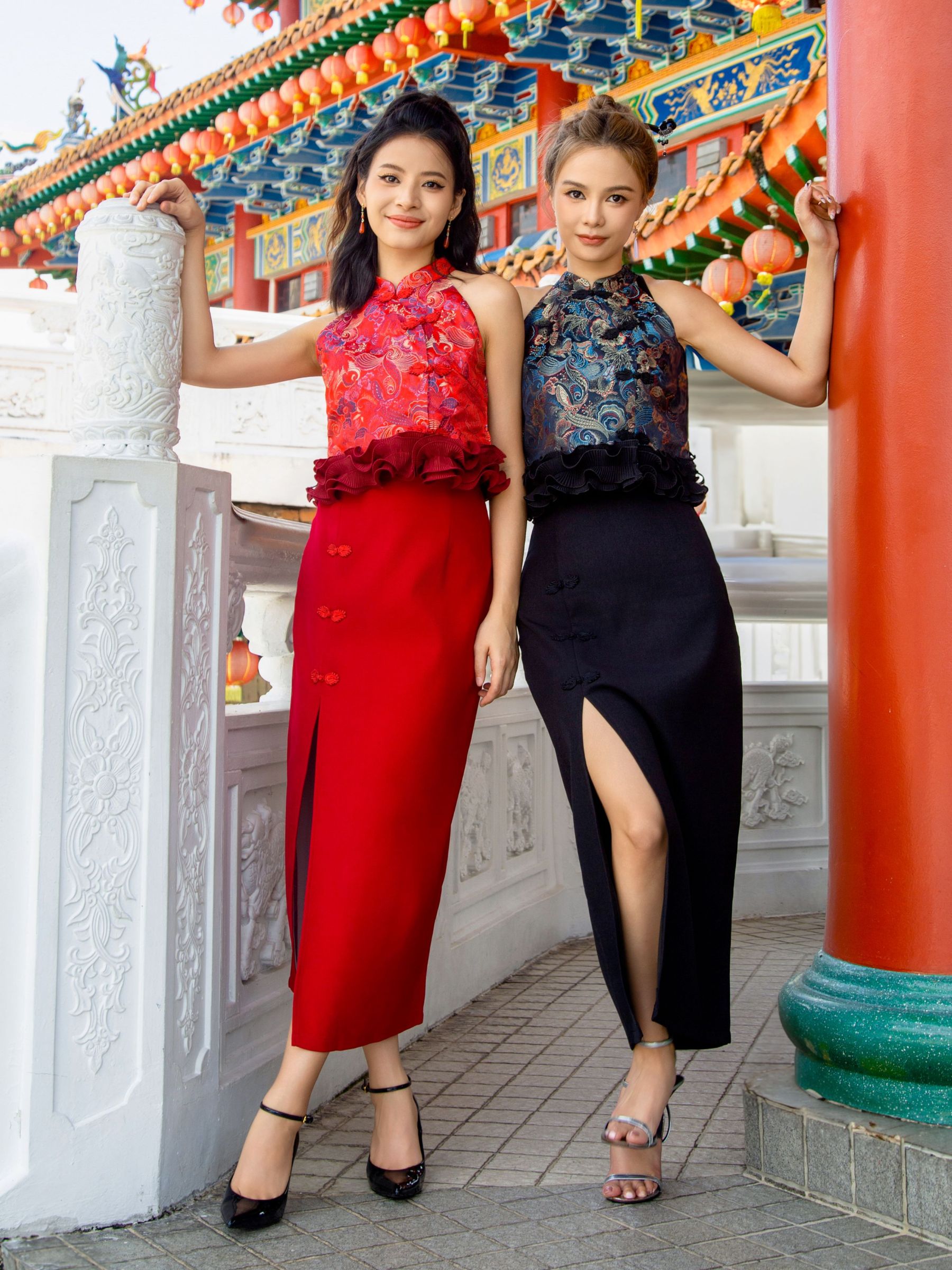 Halter Neck Top With Front Split Long Skirt Set AC633