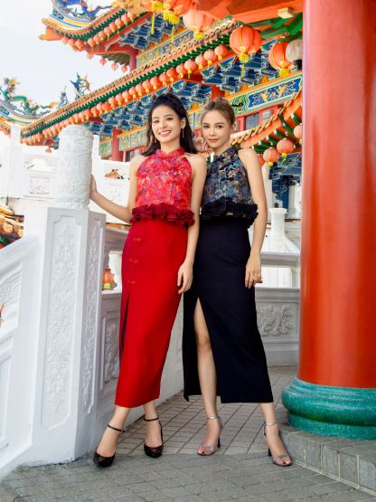 Halter Neck Top With Front Split Long Skirt Set AC633