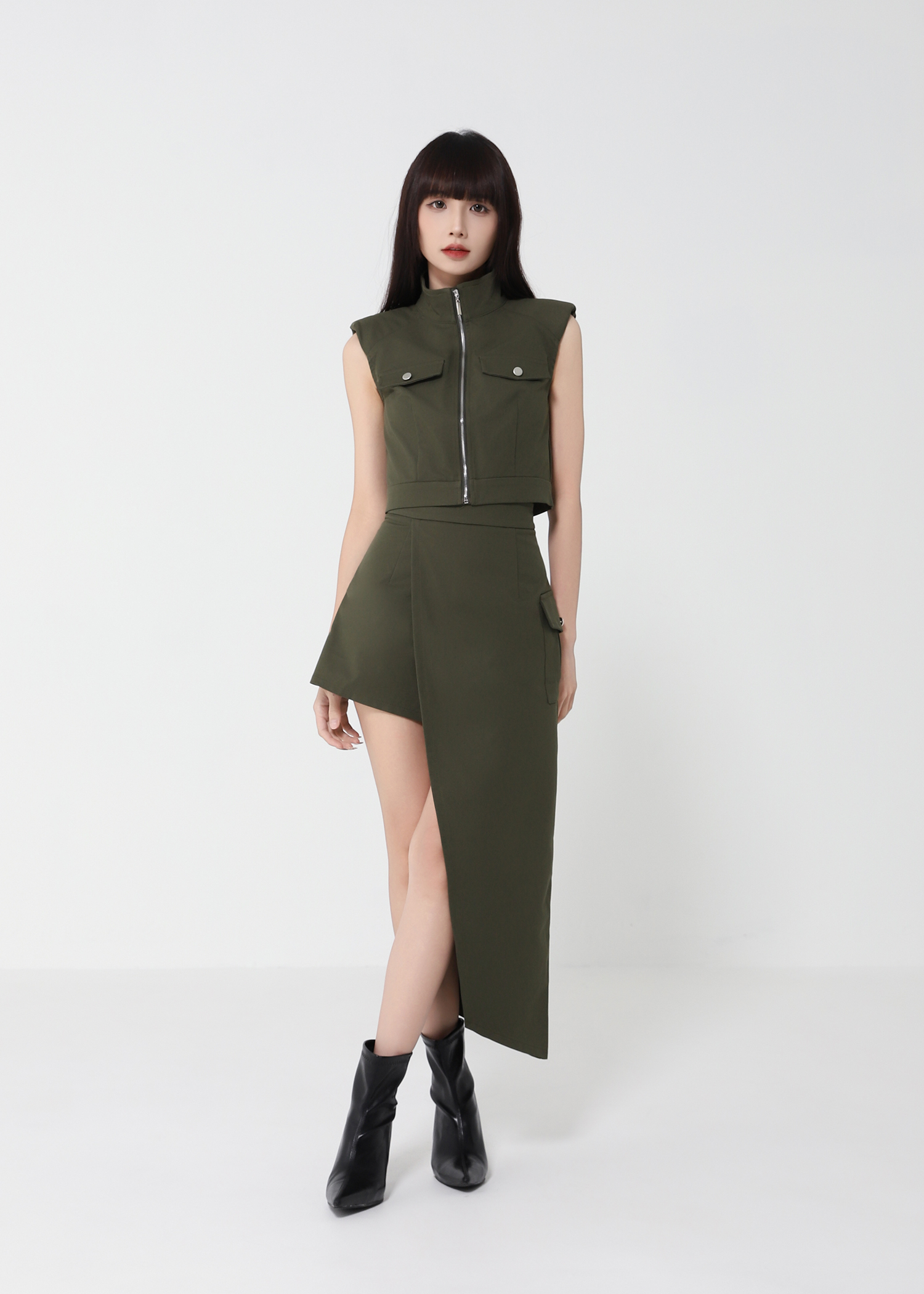Front Zip Top With Irregular Long Skirt Set 50145