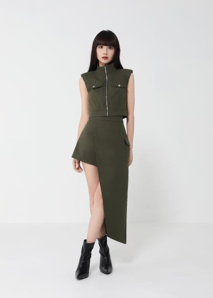 Front Zip Top With Irregular Long Skirt Set 50145