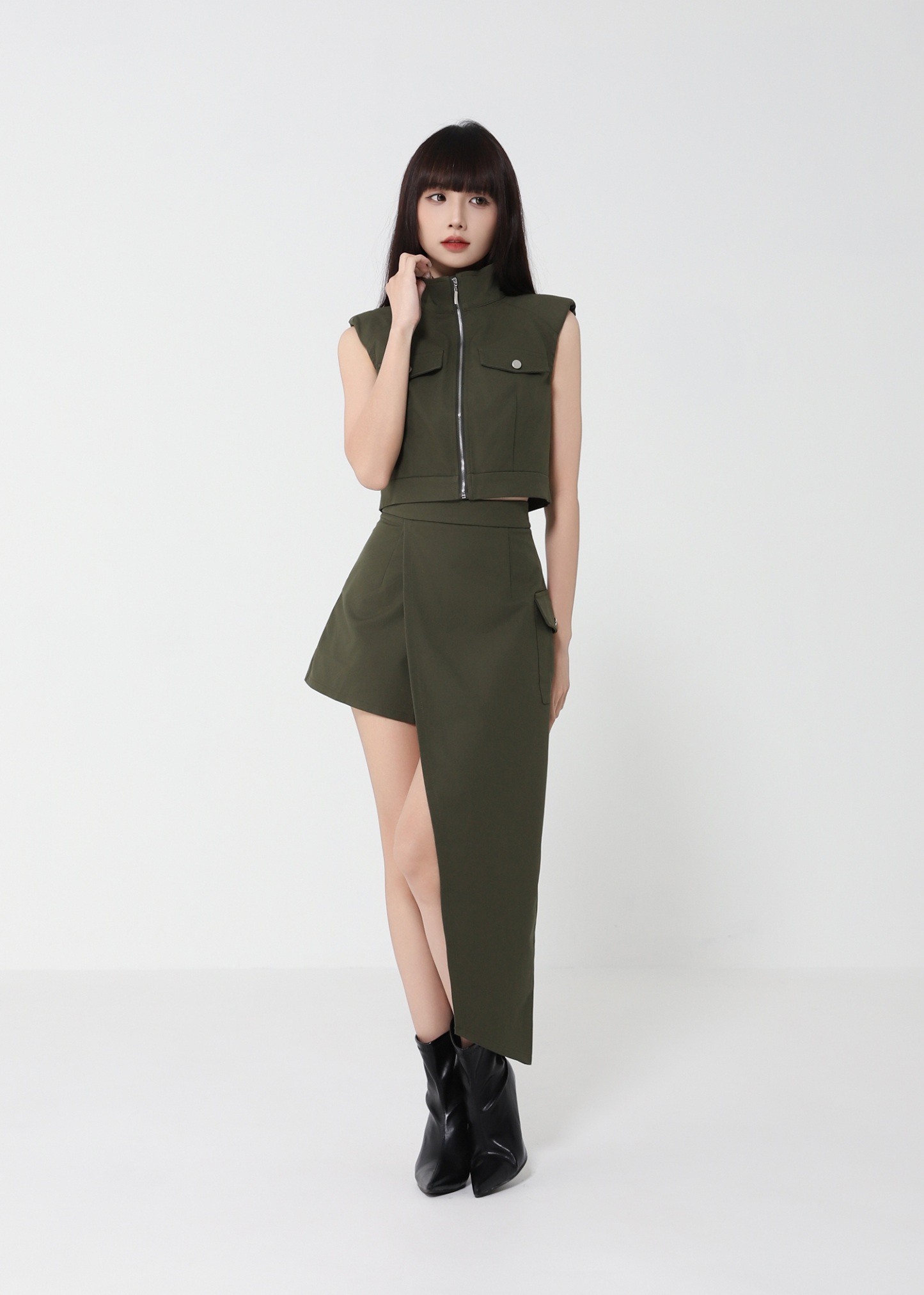 Front Zip Top With Irregular Long Skirt Set 50145