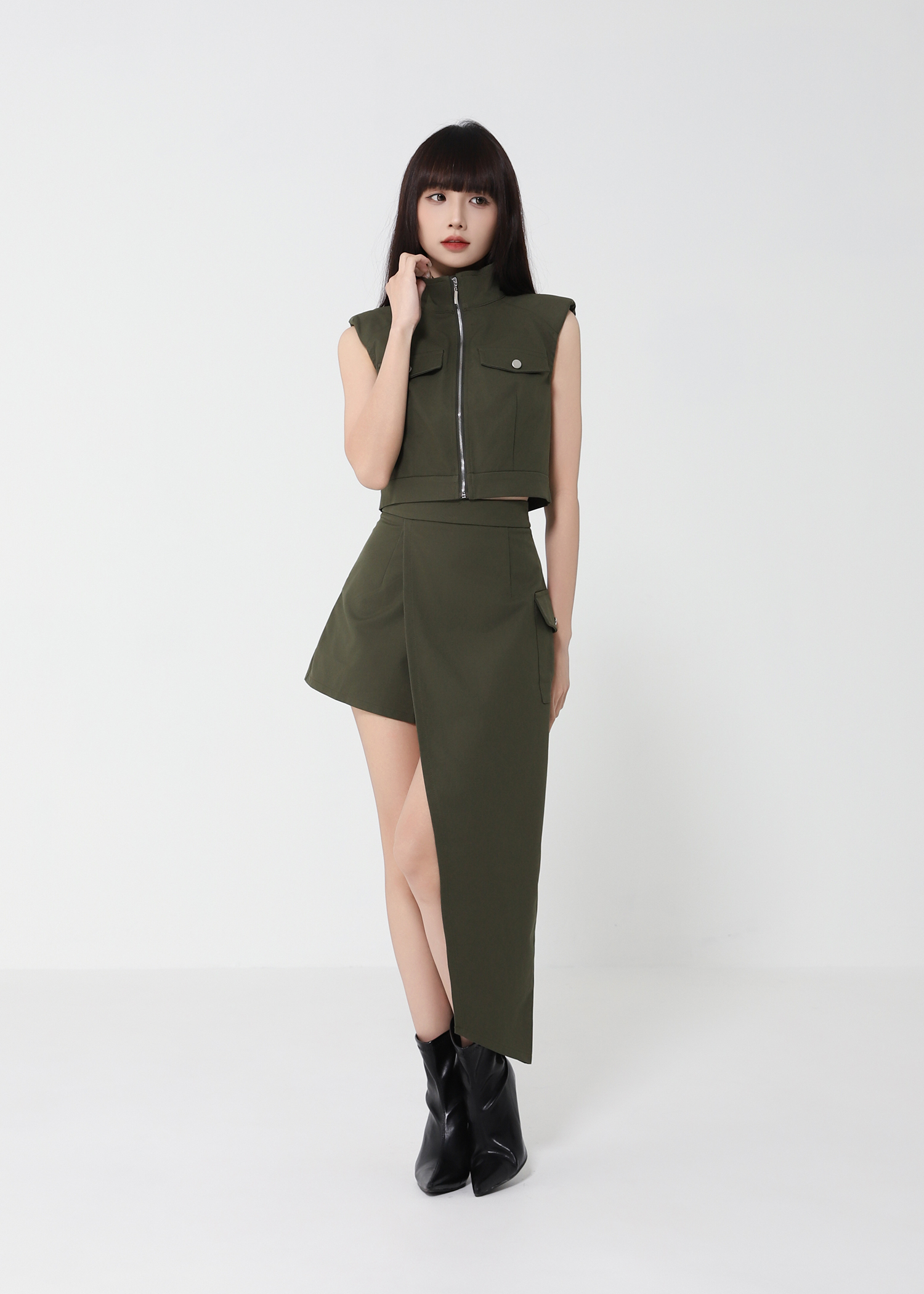 Front Zip Top With Irregular Long Skirt Set 50145