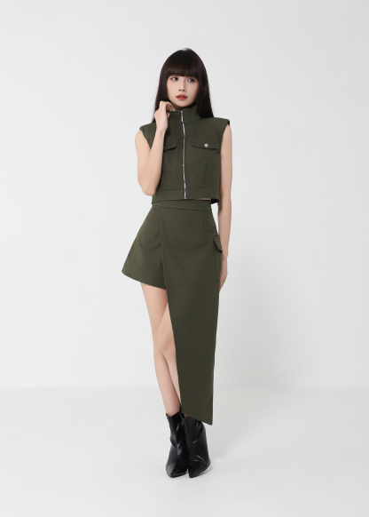 Front Zip Top With Irregular Long Skirt Set 50145