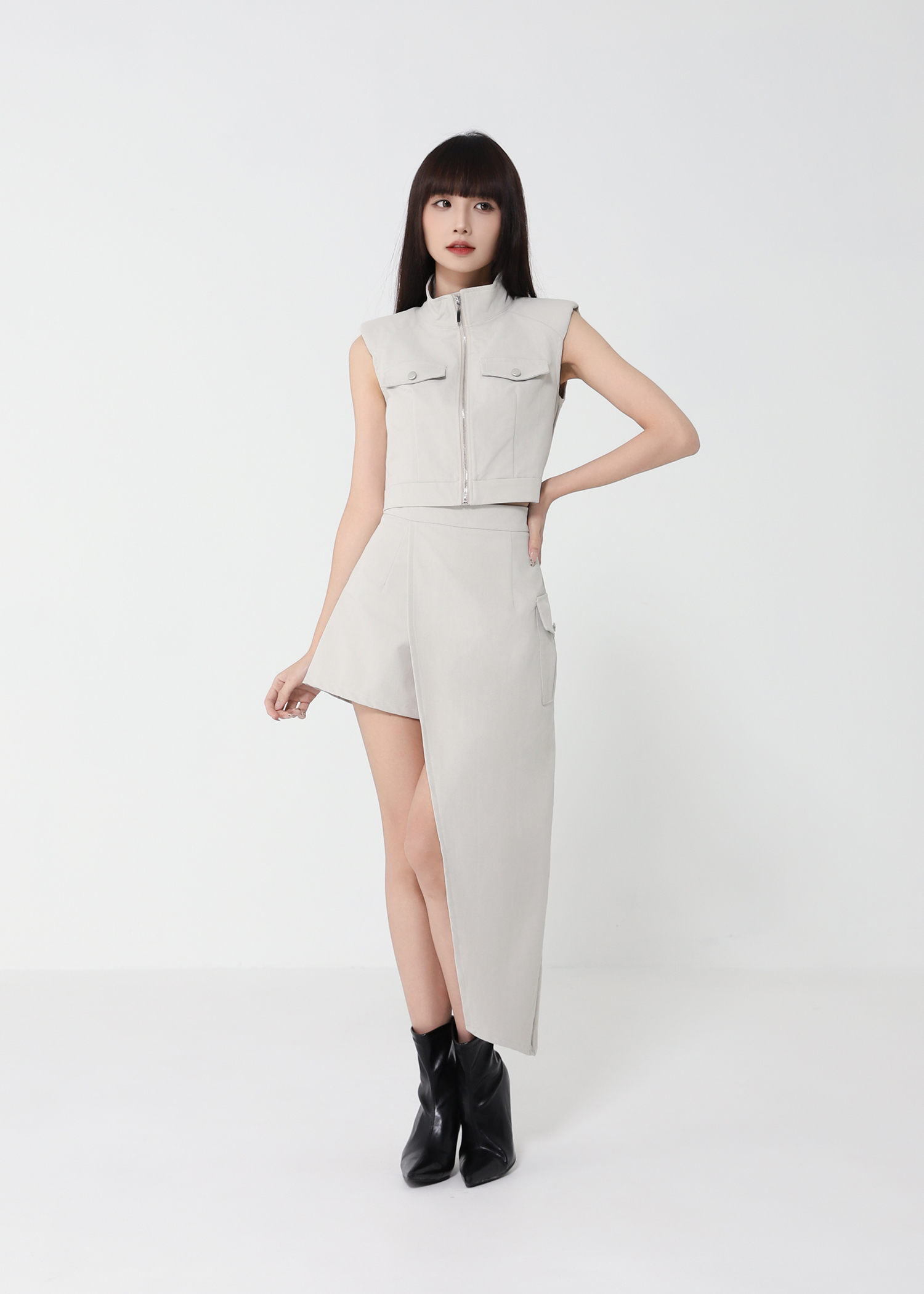 Front Zip Top With Irregular Long Skirt Set 50145