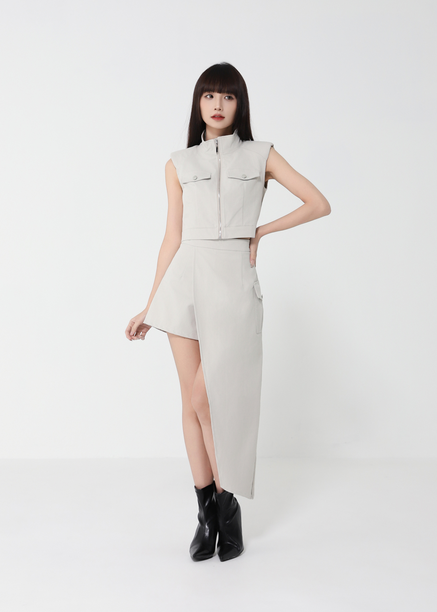 Front Zip Top With Irregular Long Skirt Set 50145