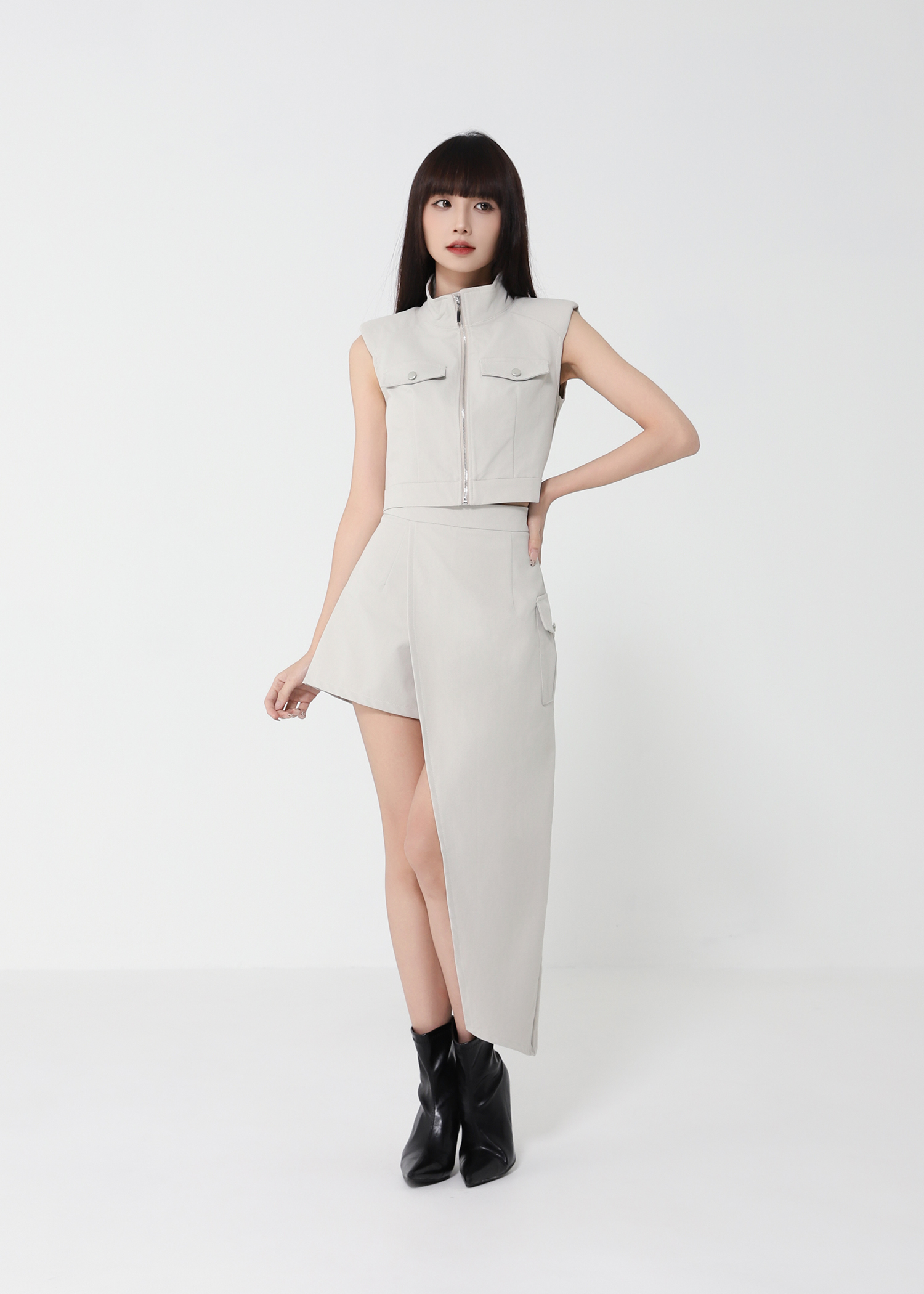 Front Zip Top With Irregular Long Skirt Set 50145