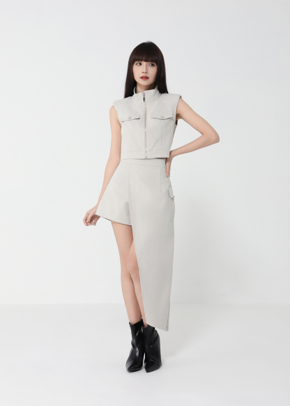 Front Zip Top With Irregular Long Skirt Set 50145