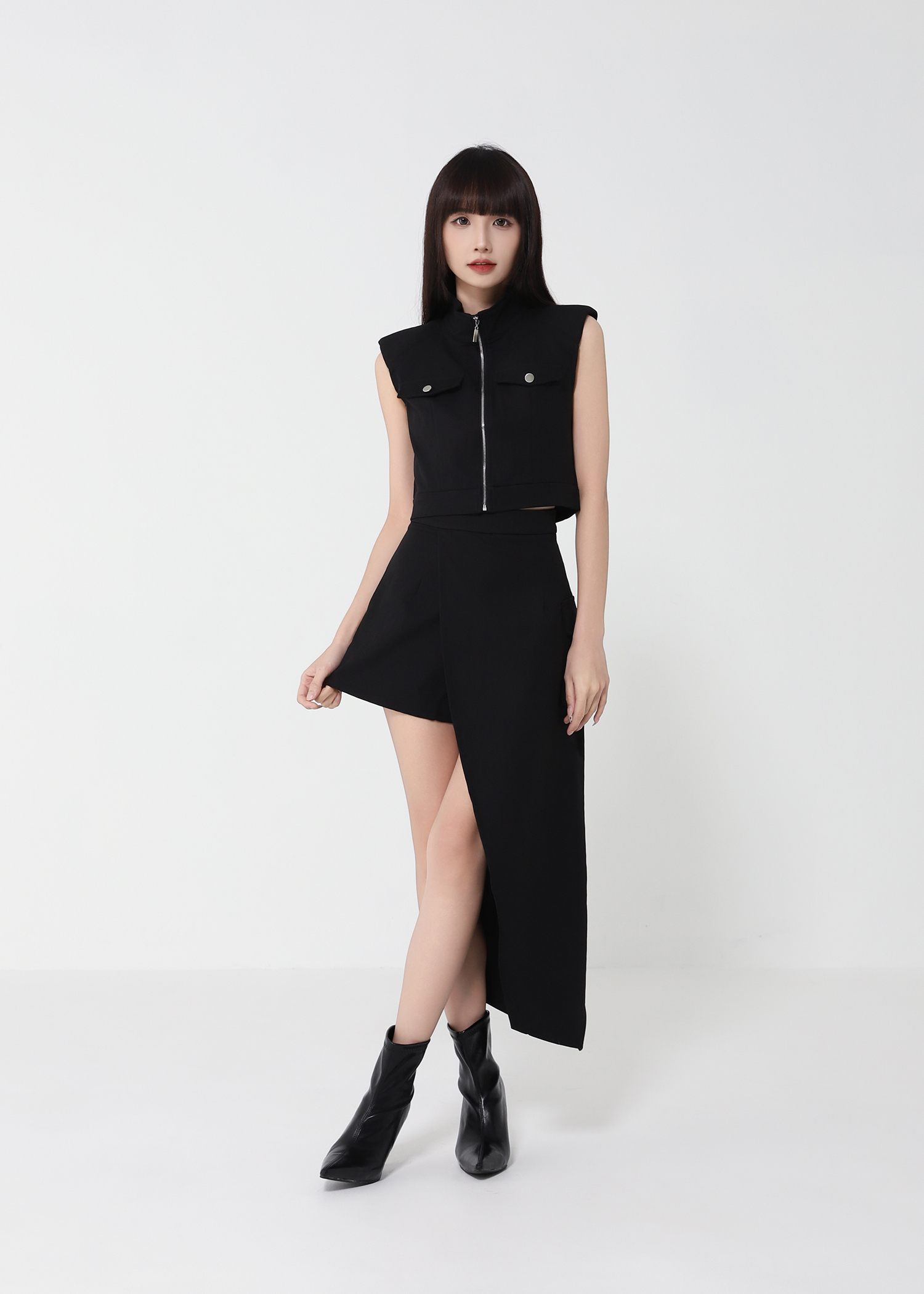 Front Zip Top With Irregular Long Skirt Set 50145