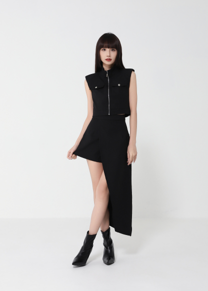 Front Zip Top With Irregular Long Skirt Set 50145