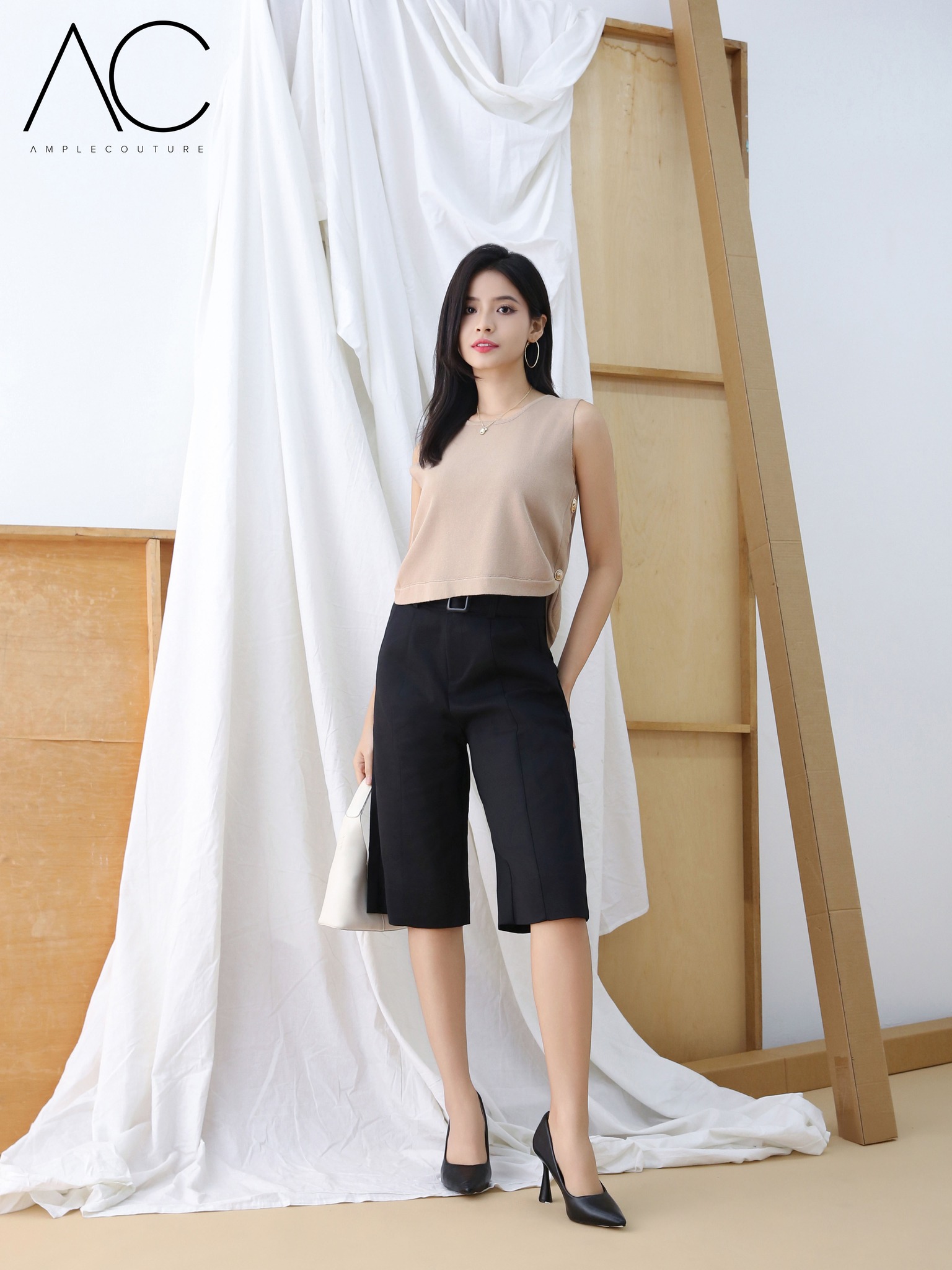 High Waist Side Pocket Midi Pant With Belt 43293