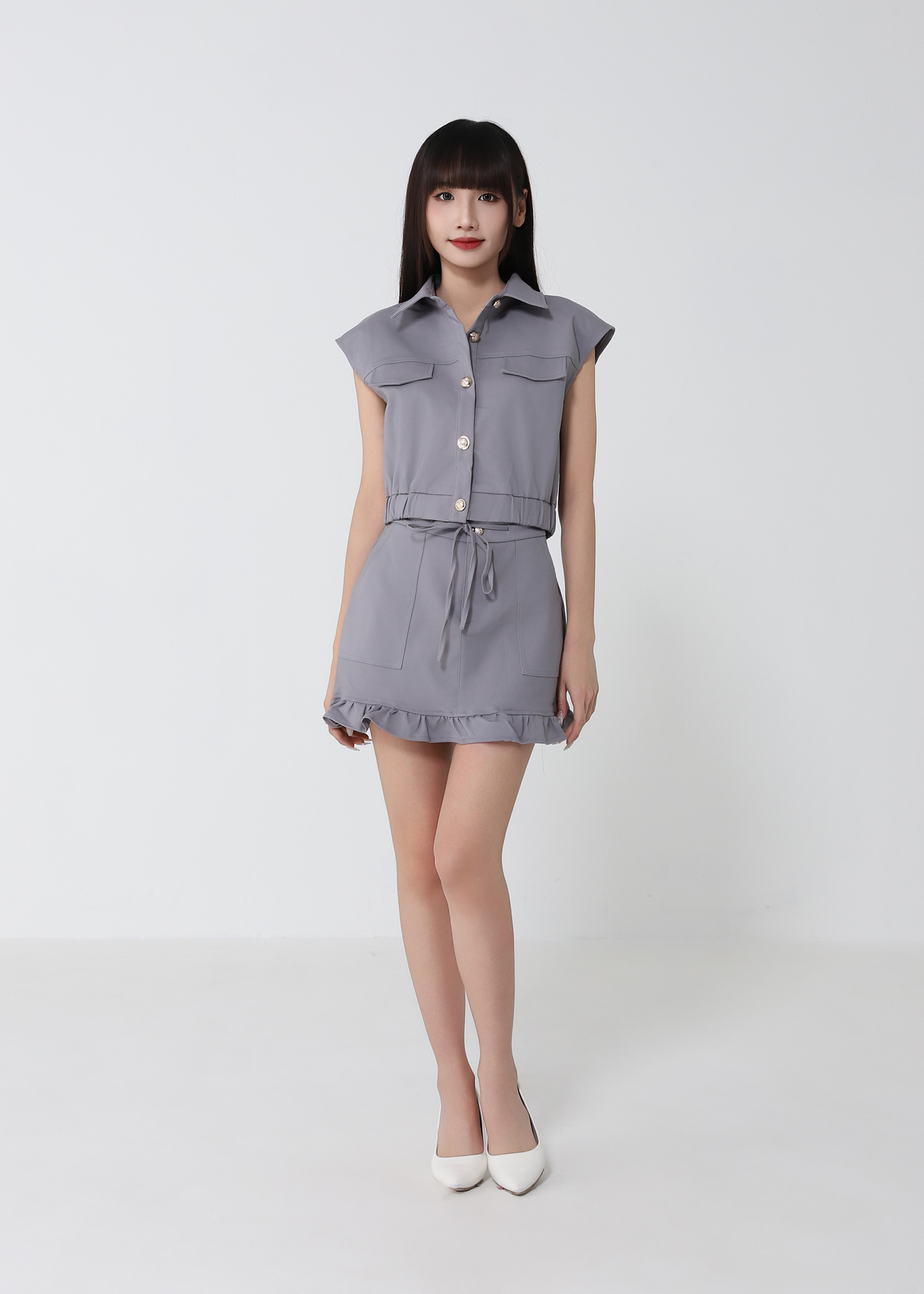 Cropped Button Vest And Skirt Set 52384
