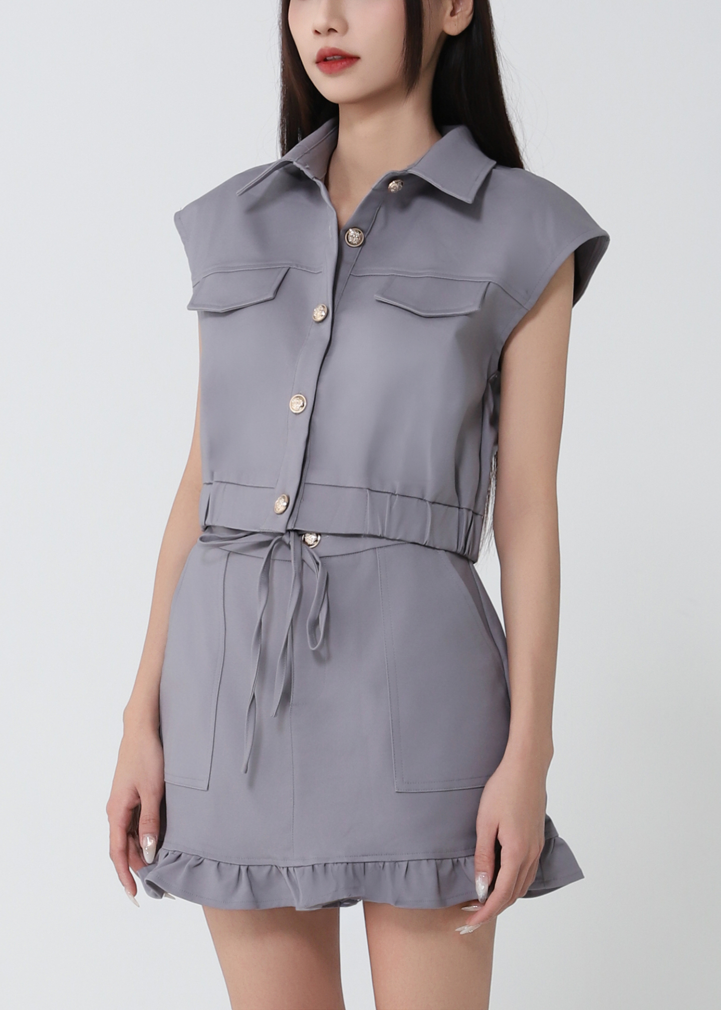 Cropped Button Vest And Skirt Set 52384