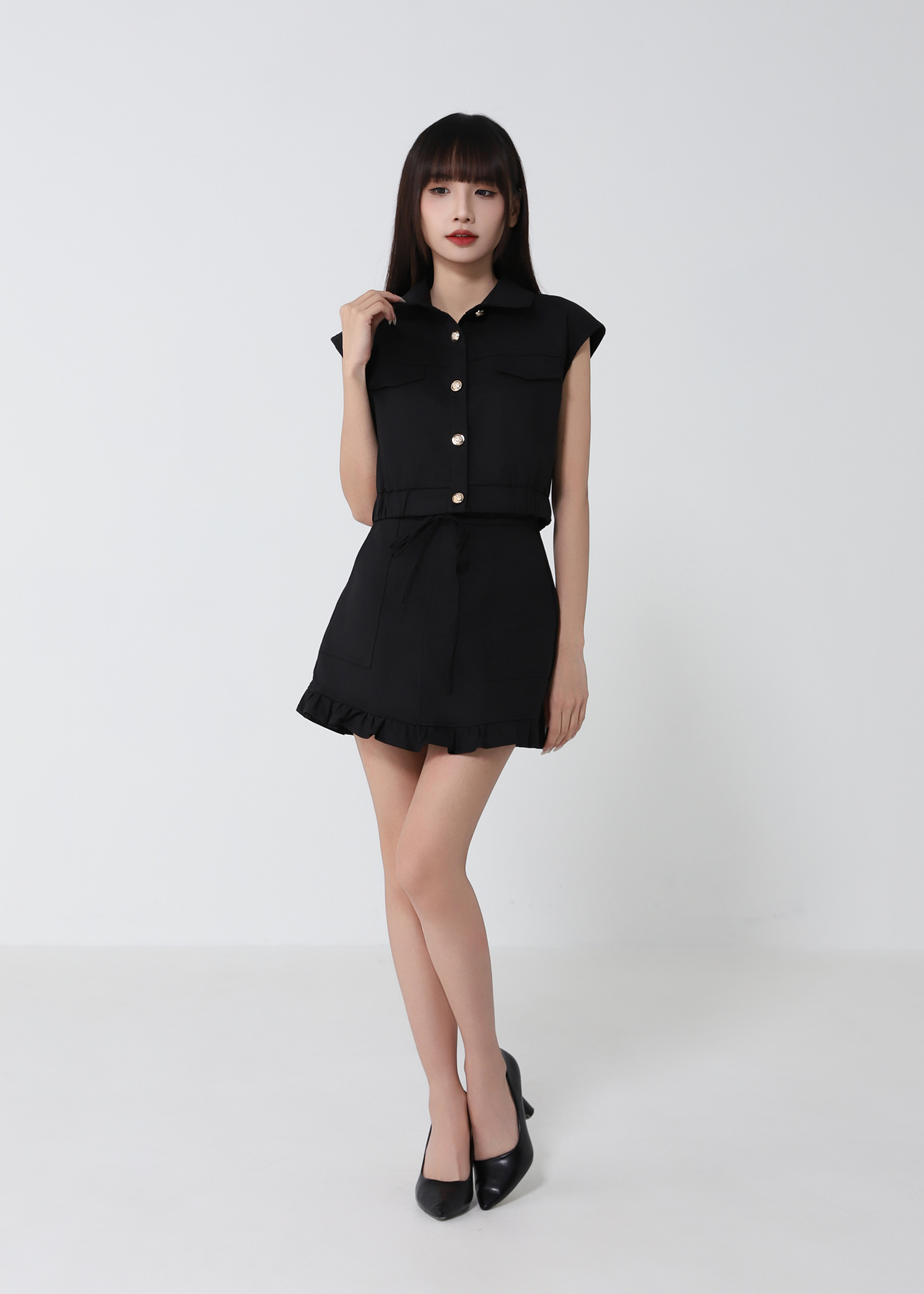 Cropped Button Vest And Skirt Set 52384