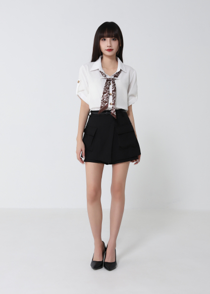 Scarf-Tie Blouse And Short Skirt Set 52385