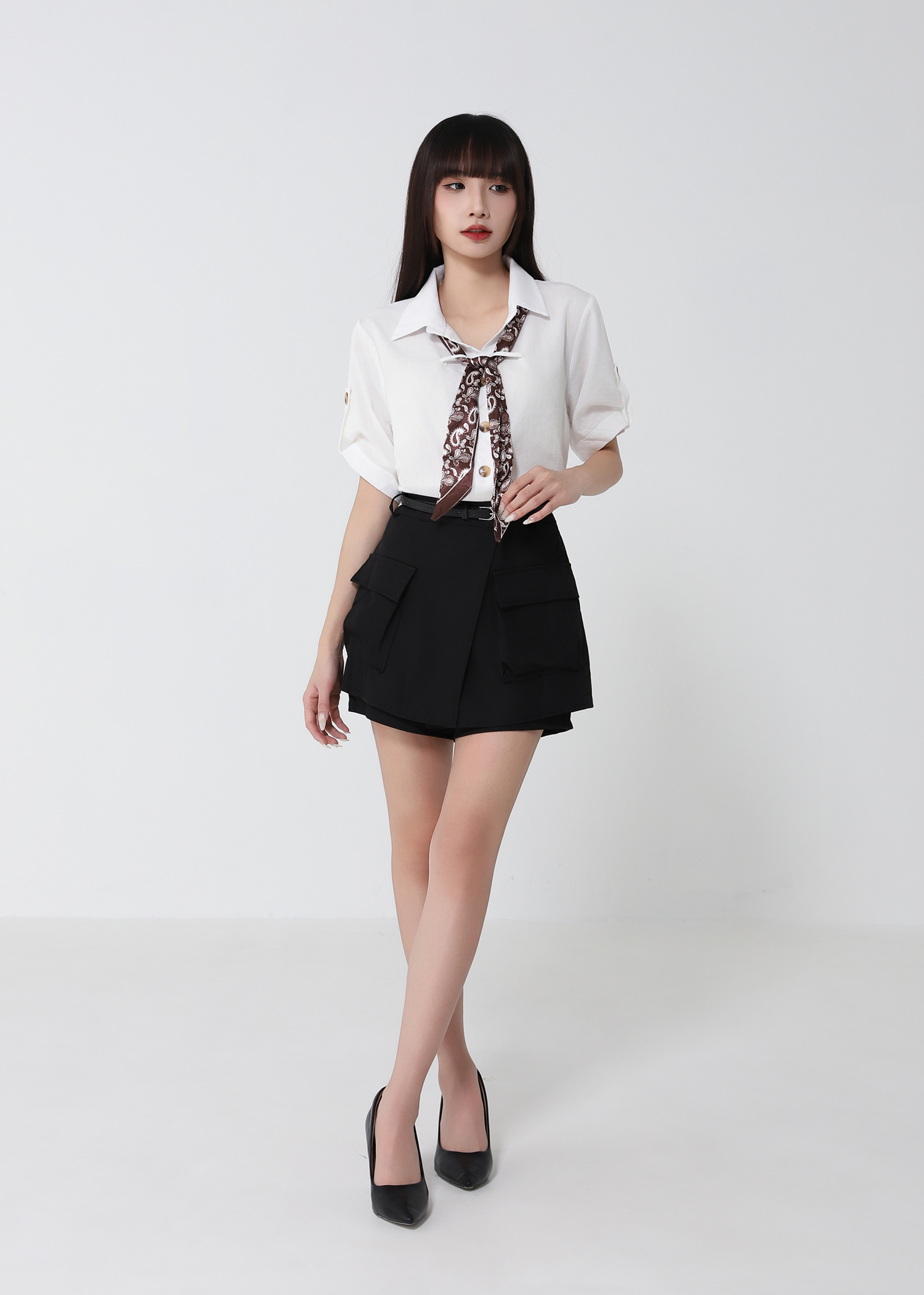 Scarf-Tie Blouse And Short Skirt Set 52385
