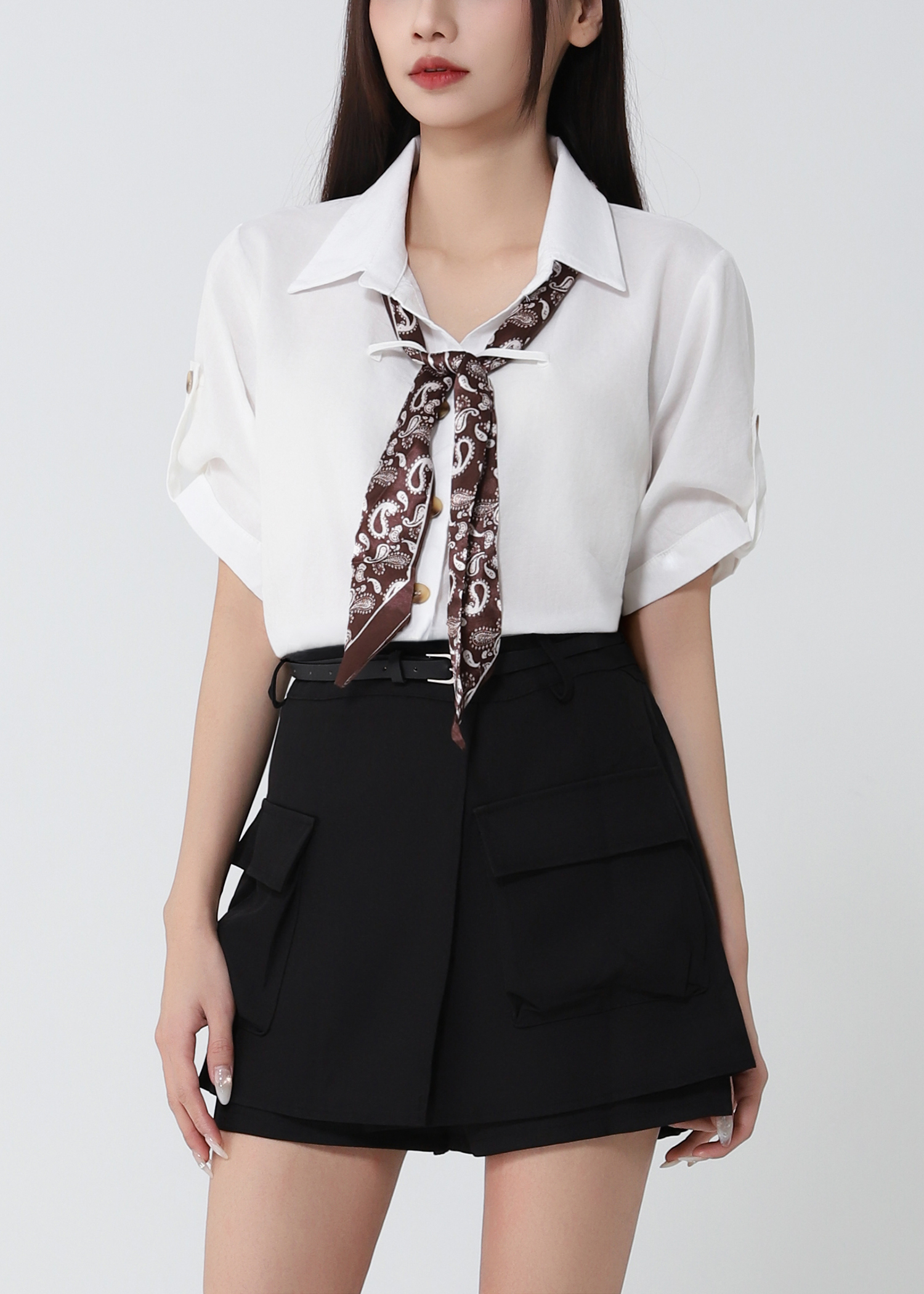 Scarf-Tie Blouse And Short Skirt Set 52385
