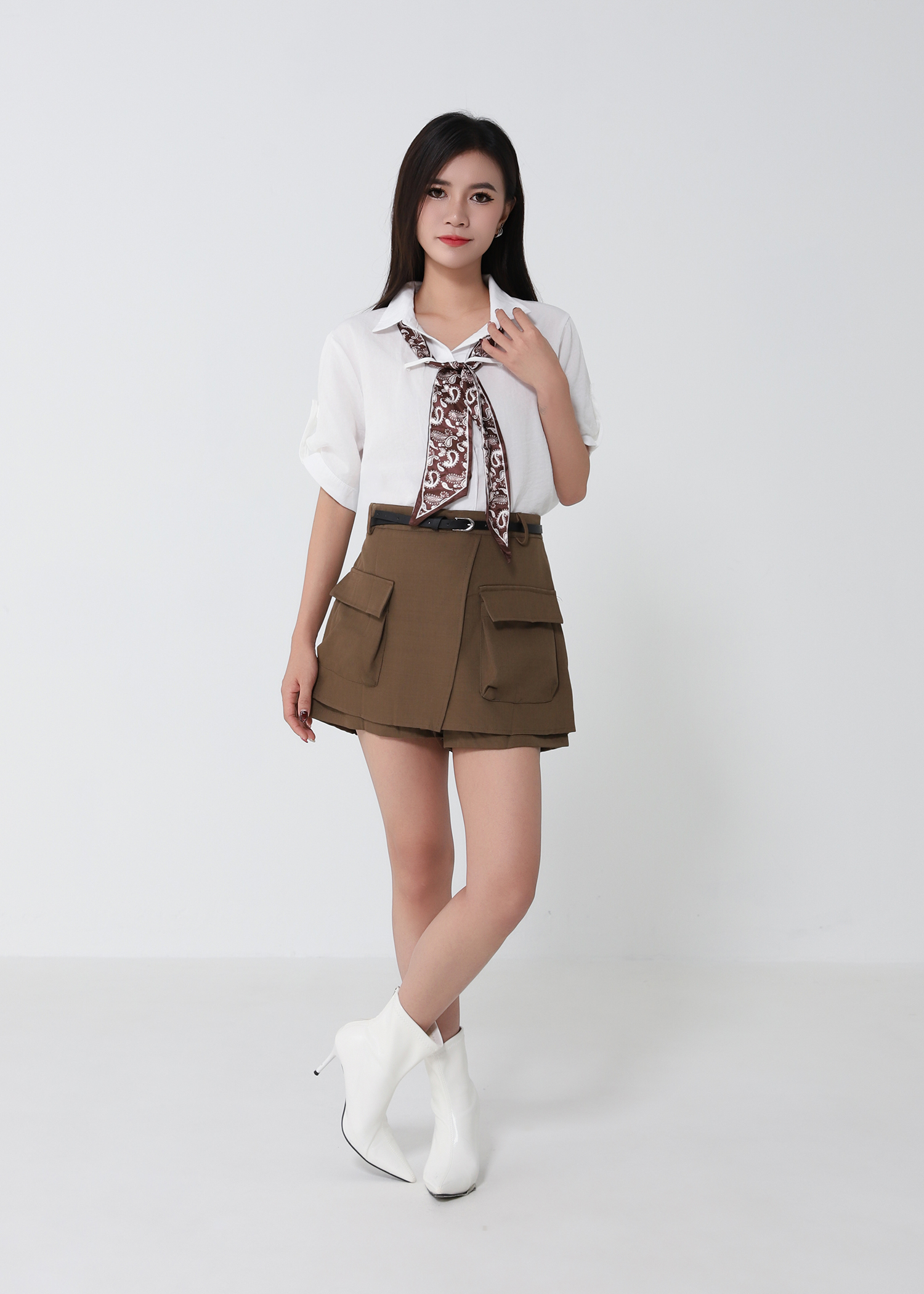 Scarf-Tie Blouse And Short Skirt Set 52385