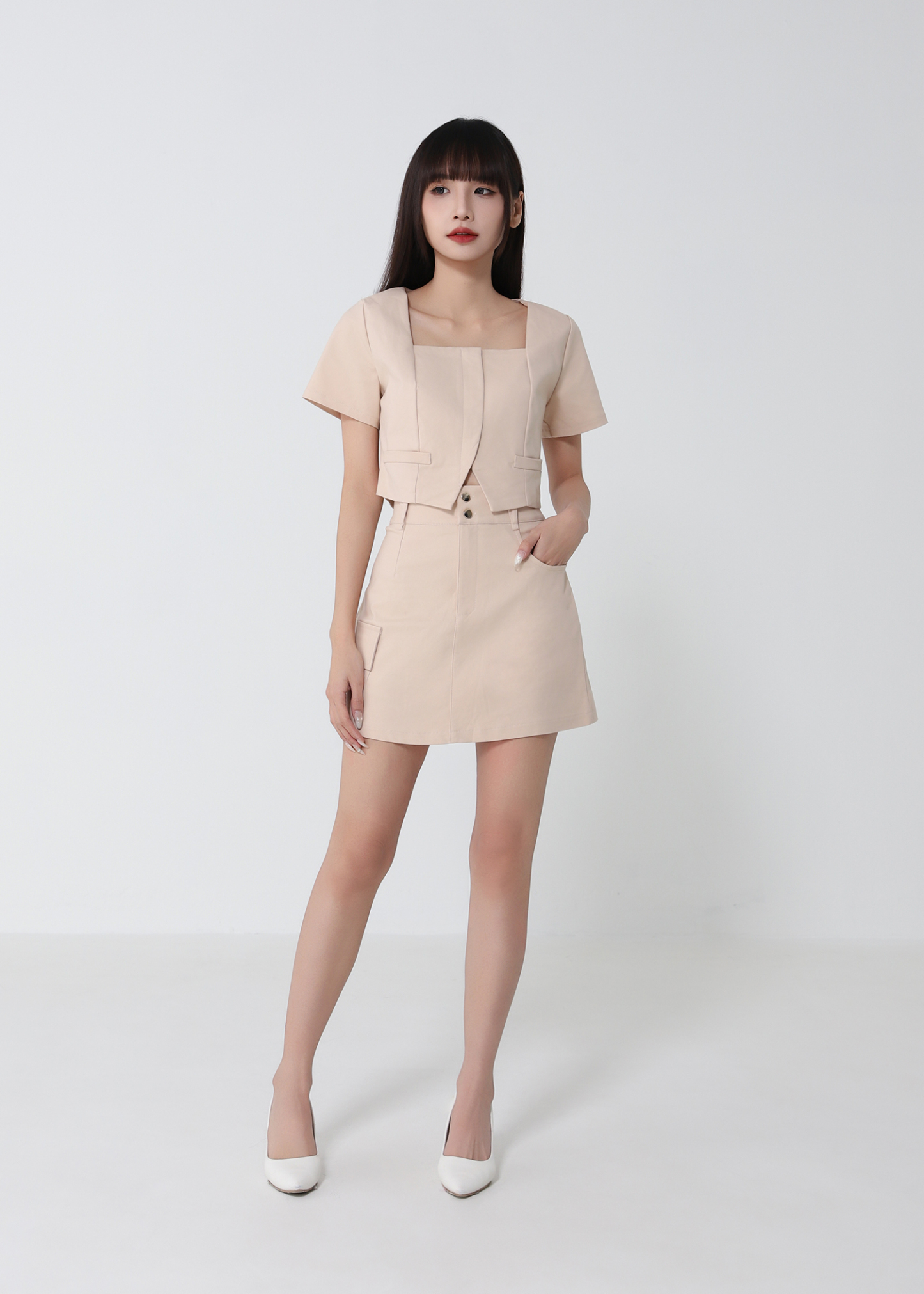 Square Neck Top And Cargo Skirt Set 52386