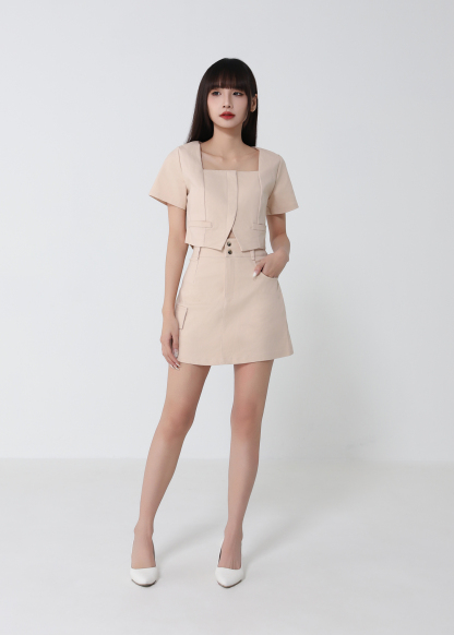 Square Neck Top And Cargo Skirt Set 52386