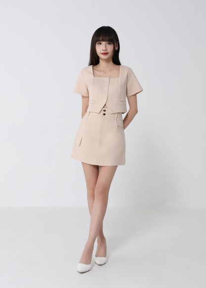 Square Neck Top And Cargo Skirt Set 52386