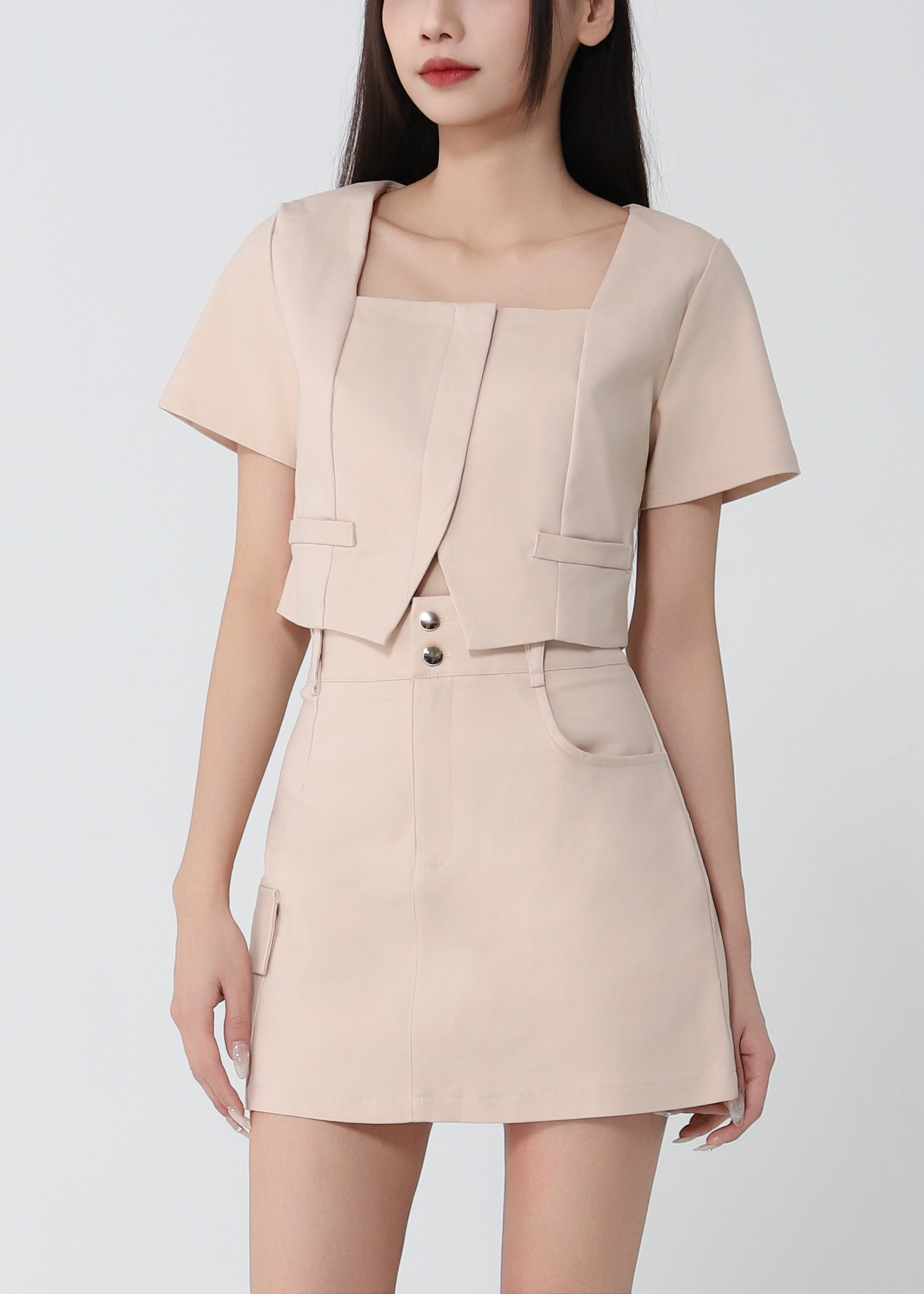 Square Neck Top And Cargo Skirt Set 52386