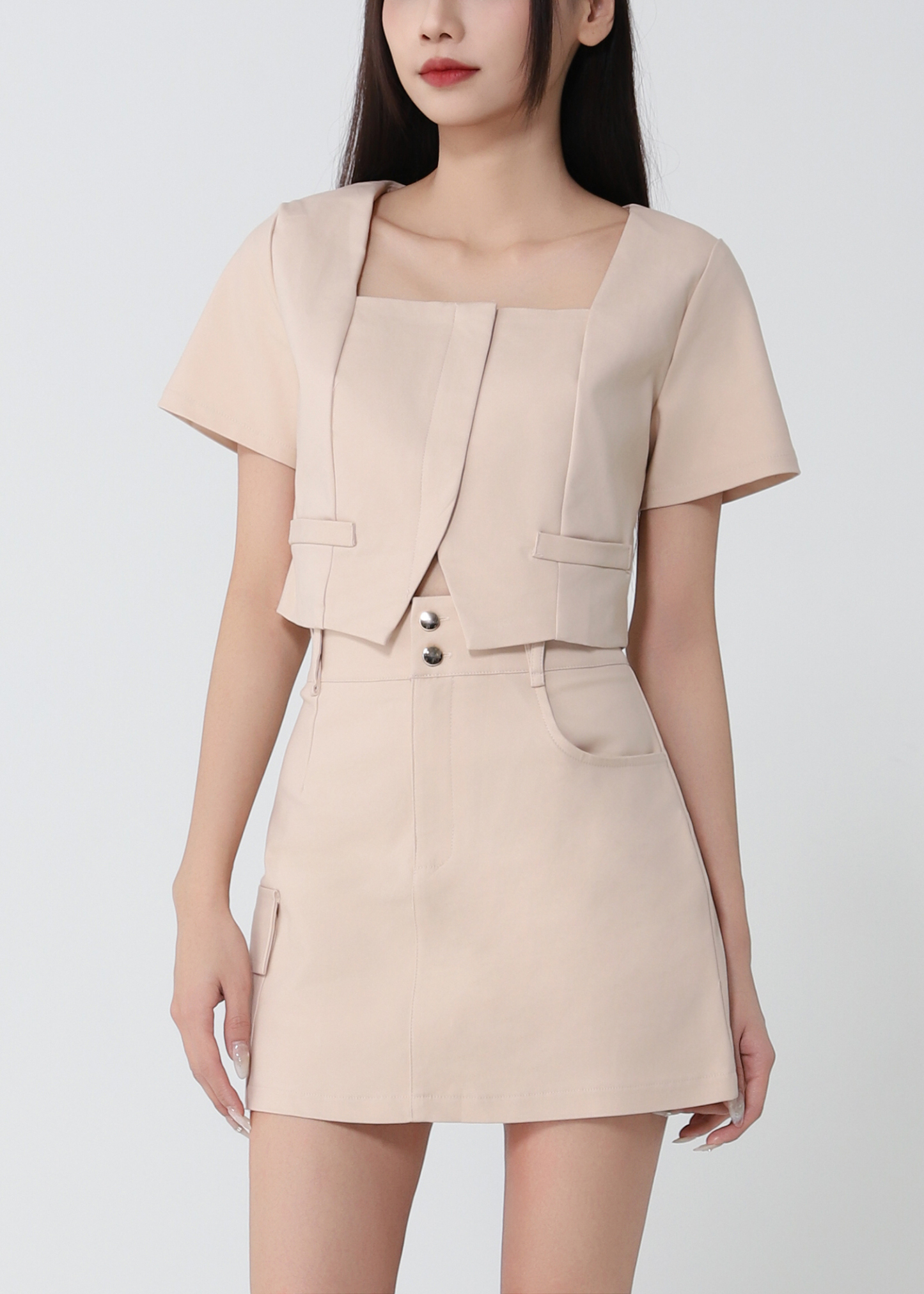 Square Neck Top And Cargo Skirt Set 52386