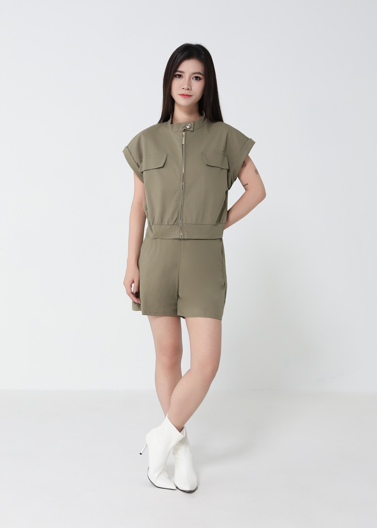 Zip Bomber Vest And Wide Shorts Set 52412