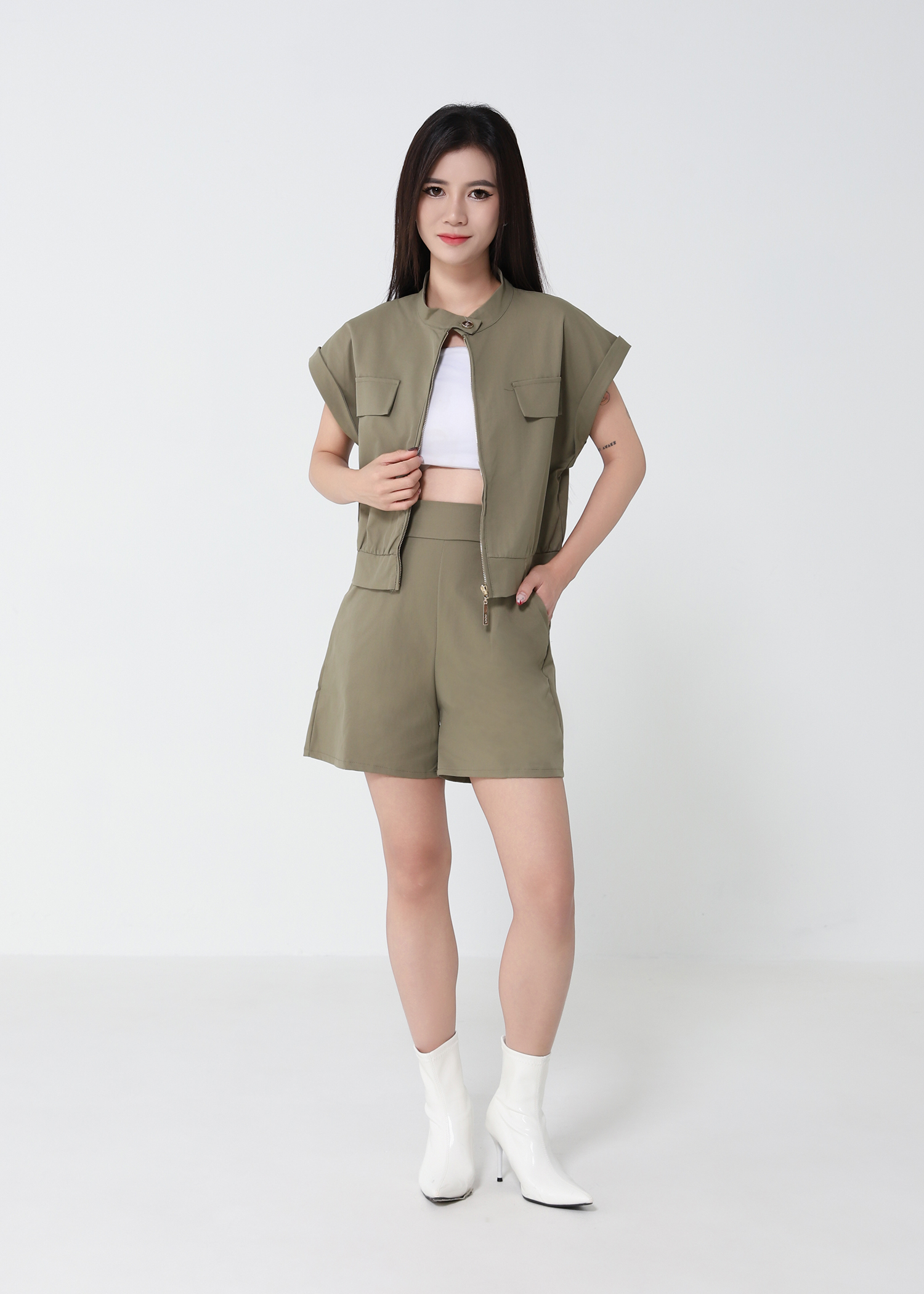 Zip Bomber Vest And Wide Shorts Set 52412