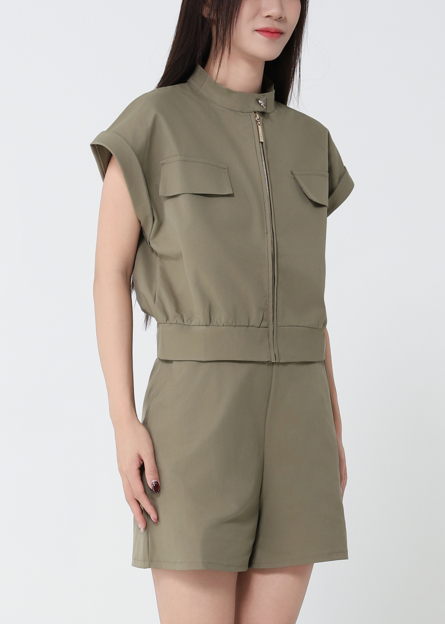 Zip Bomber Vest And Wide Shorts Set 52412