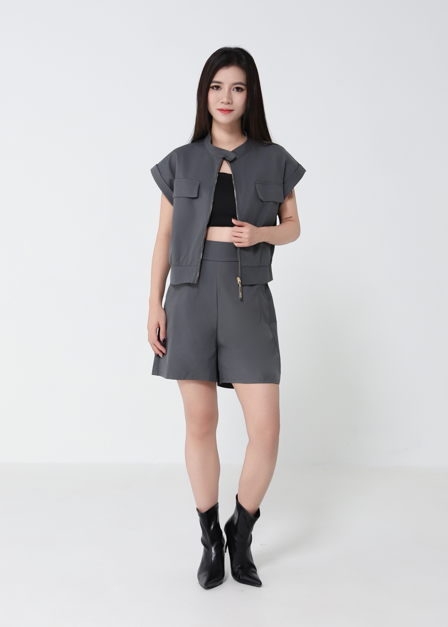 Zip Bomber Vest And Wide Shorts Set 52412