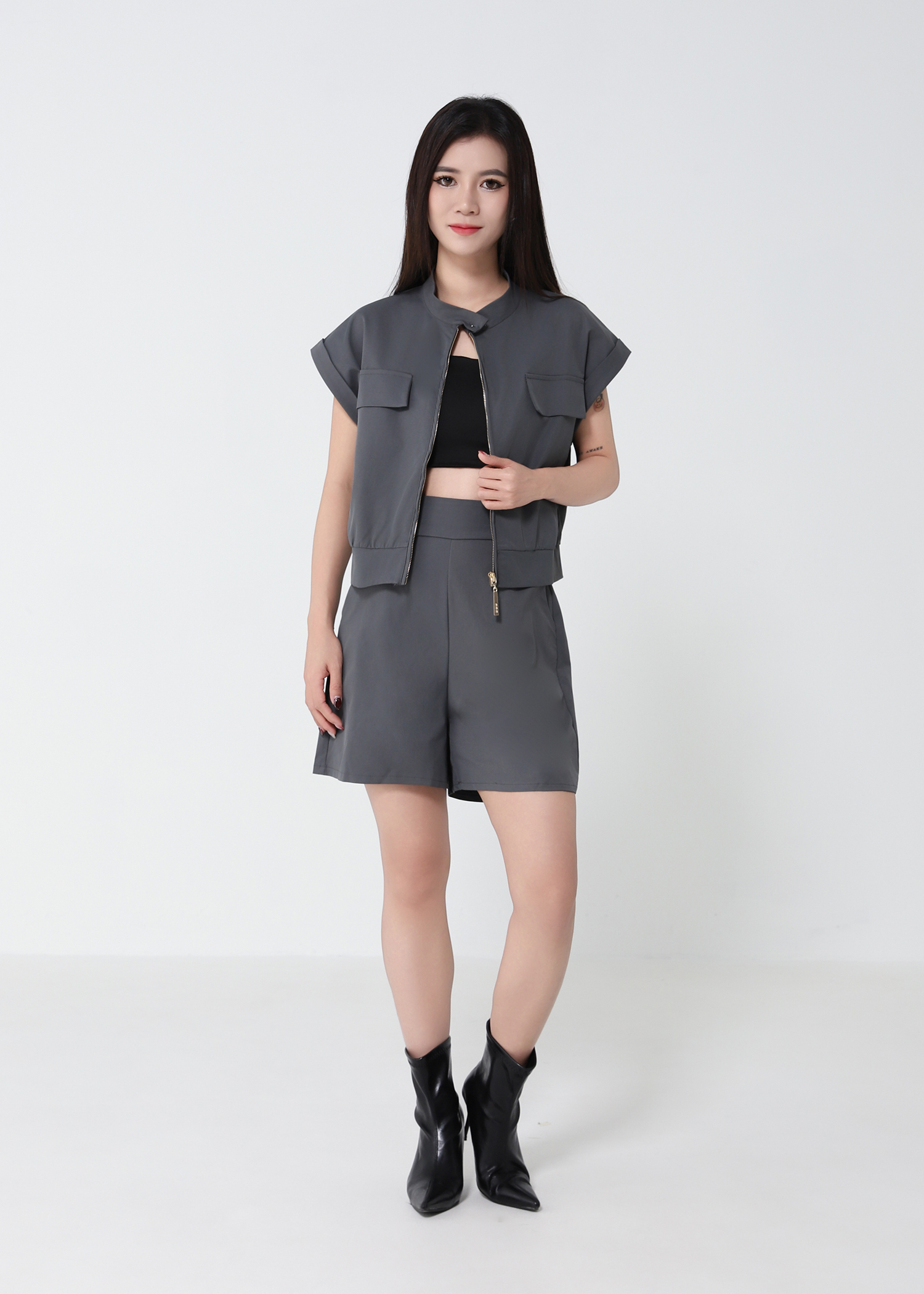 Zip Bomber Vest And Wide Shorts Set 52412