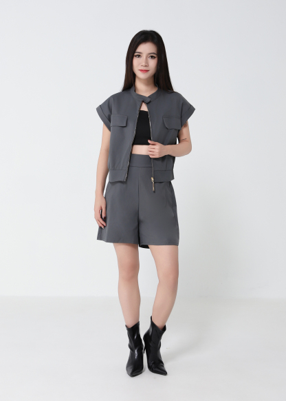 Zip Bomber Vest And Wide Shorts Set 52412