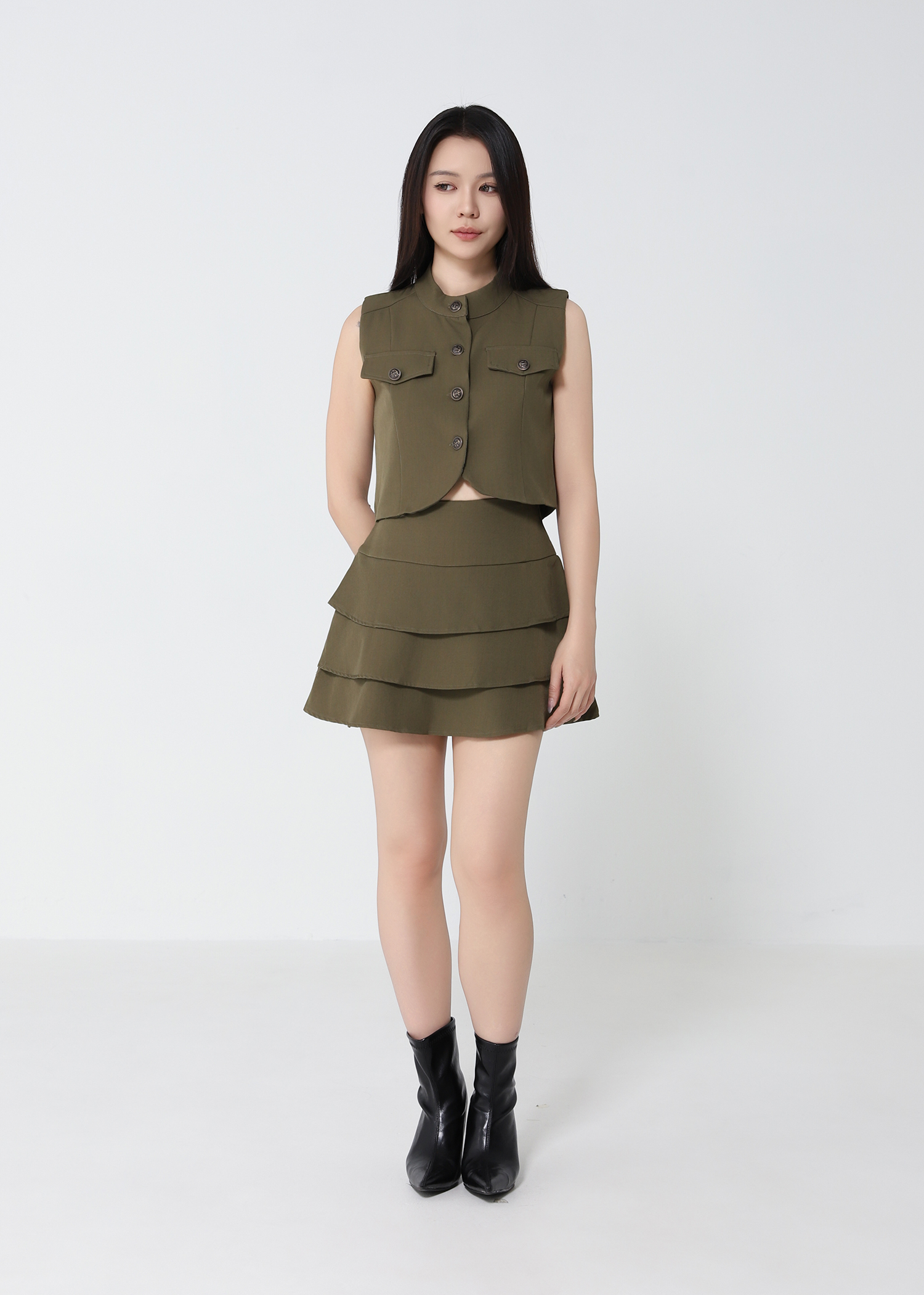 Sleeveless Front Button Top With Layered Skirt Pants Set 52462