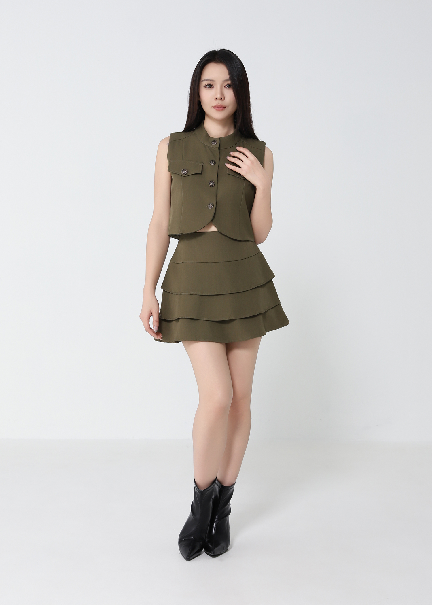 Sleeveless Front Button Top With Layered Skirt Pants Set 52462