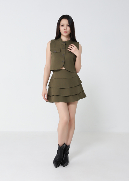 Sleeveless Front Button Top With Layered Skirt Pants Set 52462