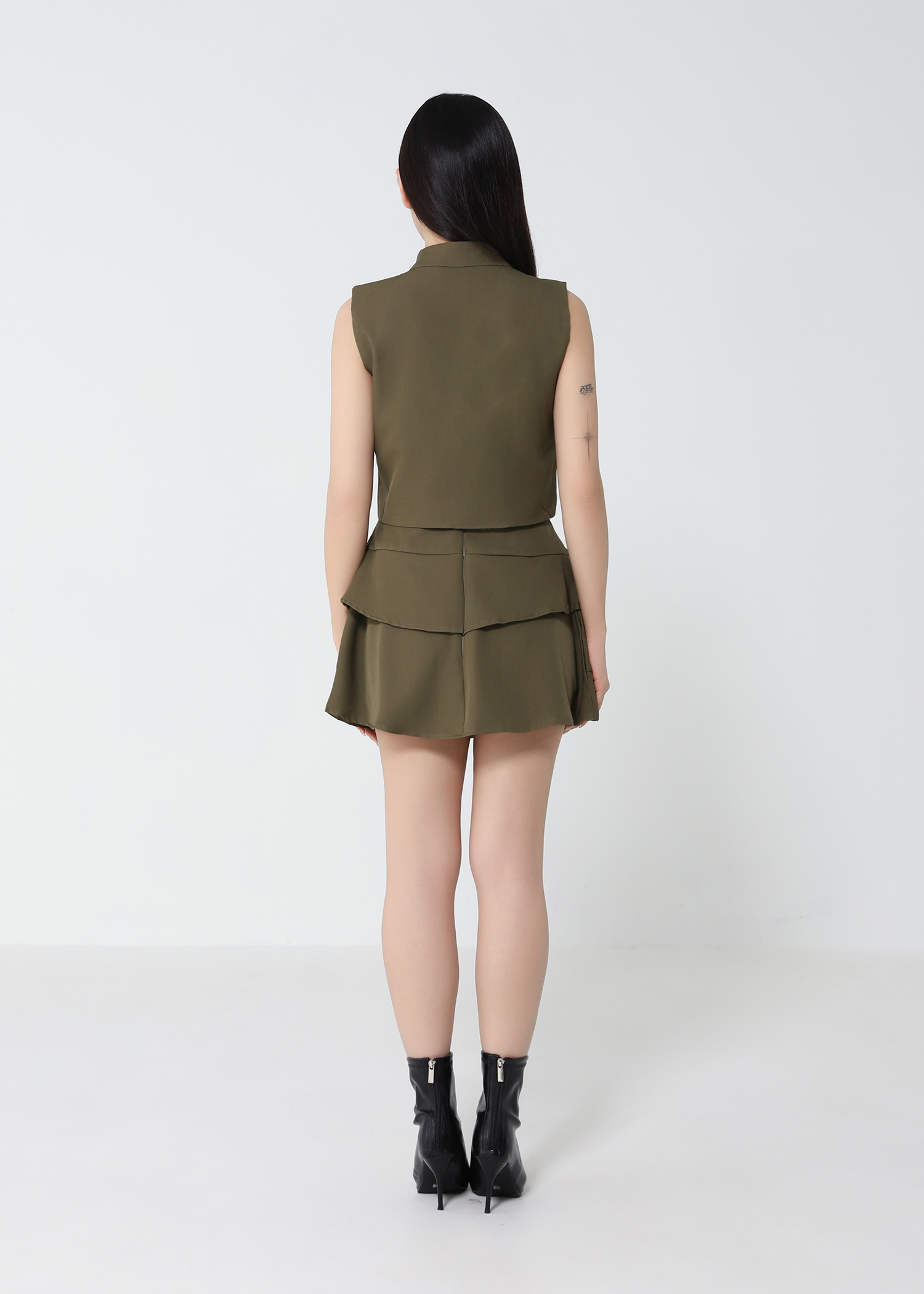 Sleeveless Front Button Top With Layered Skirt Pants Set 52462