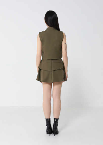 Sleeveless Front Button Top With Layered Skirt Pants Set 52462